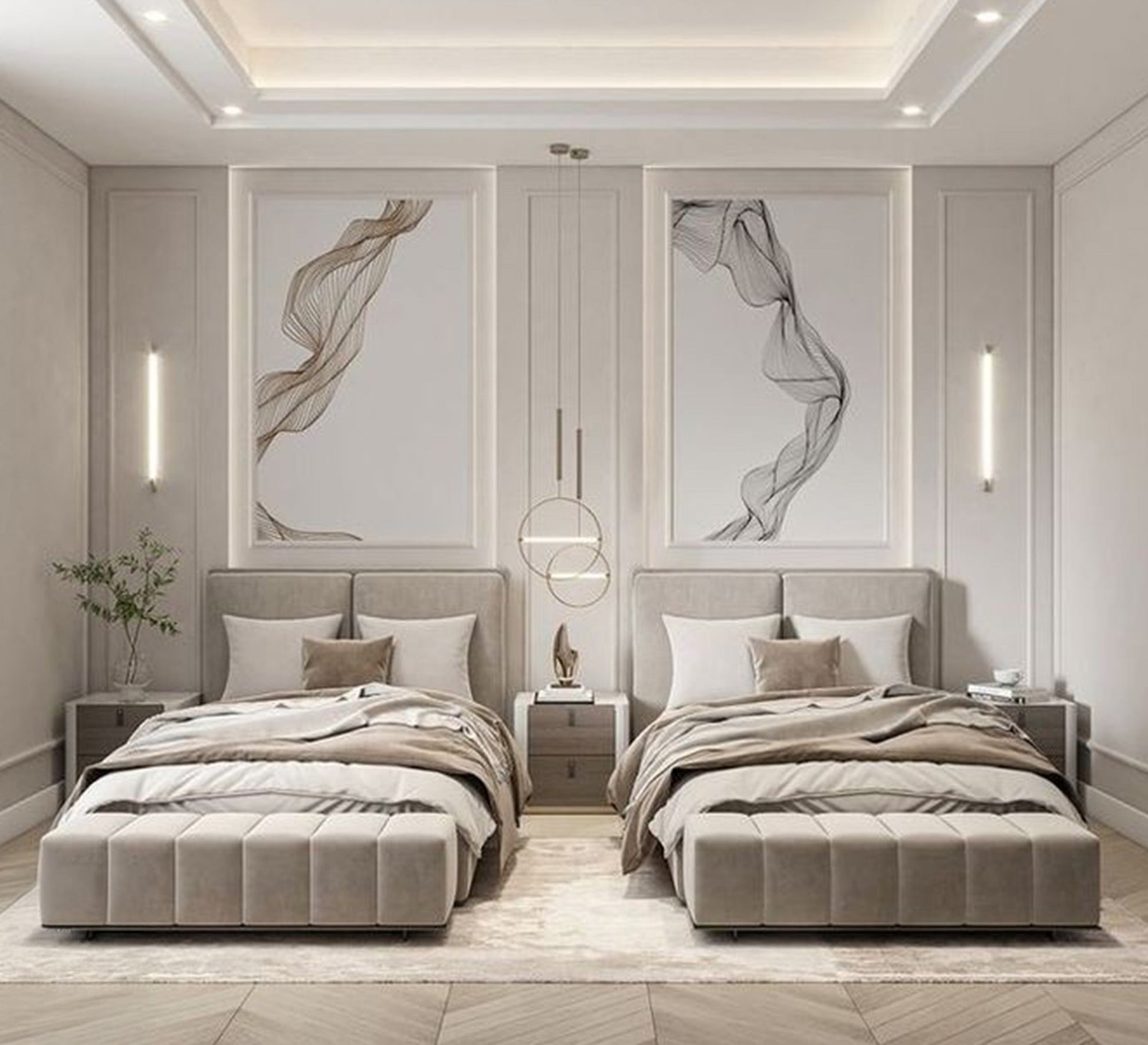 Two beige beds with a split headboard for a boys' bedroom - Vitrine Furniture - Furniture