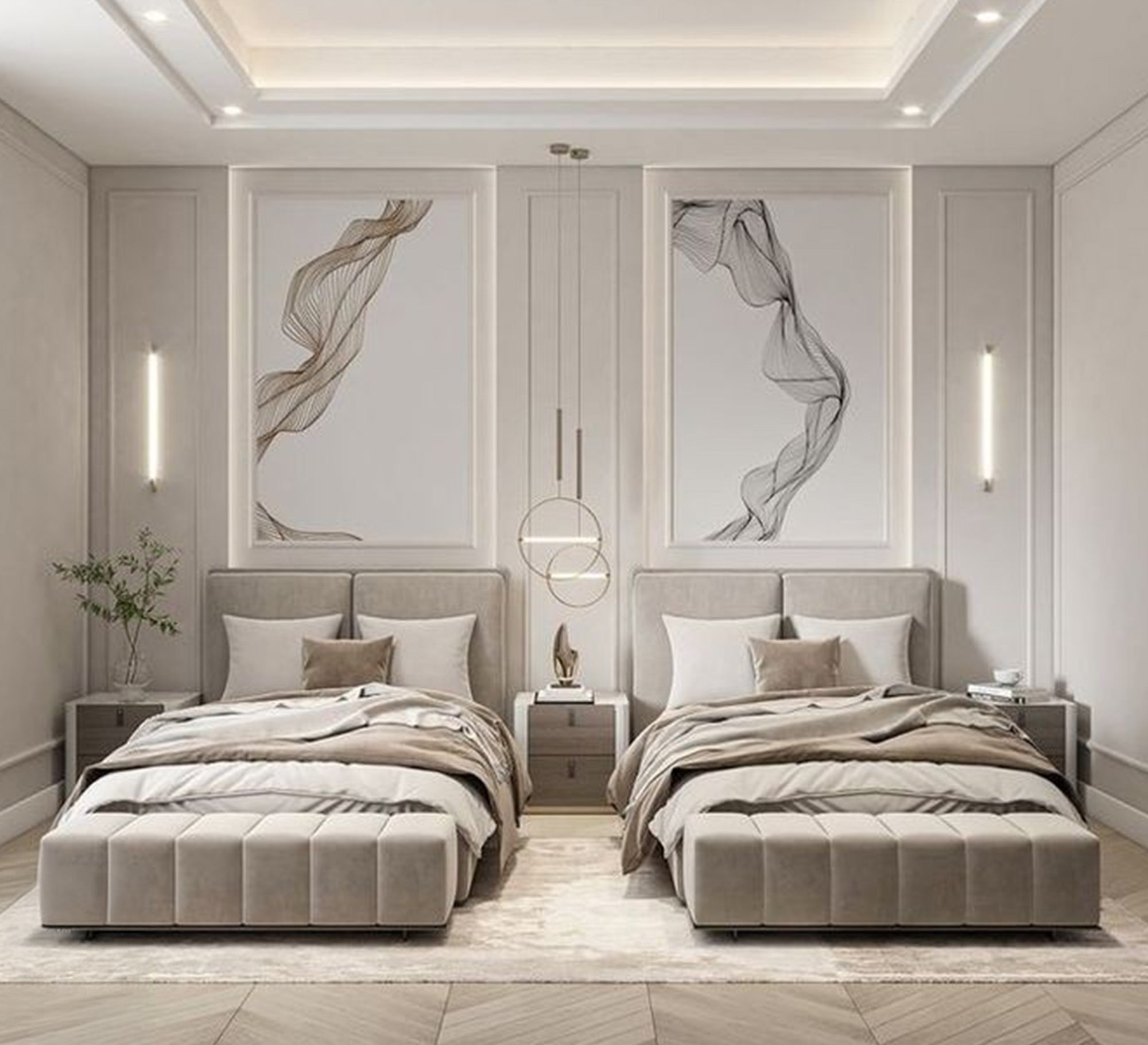 Two beige beds with a split headboard for a boys' bedroom - Vitrine Furniture - Furniture