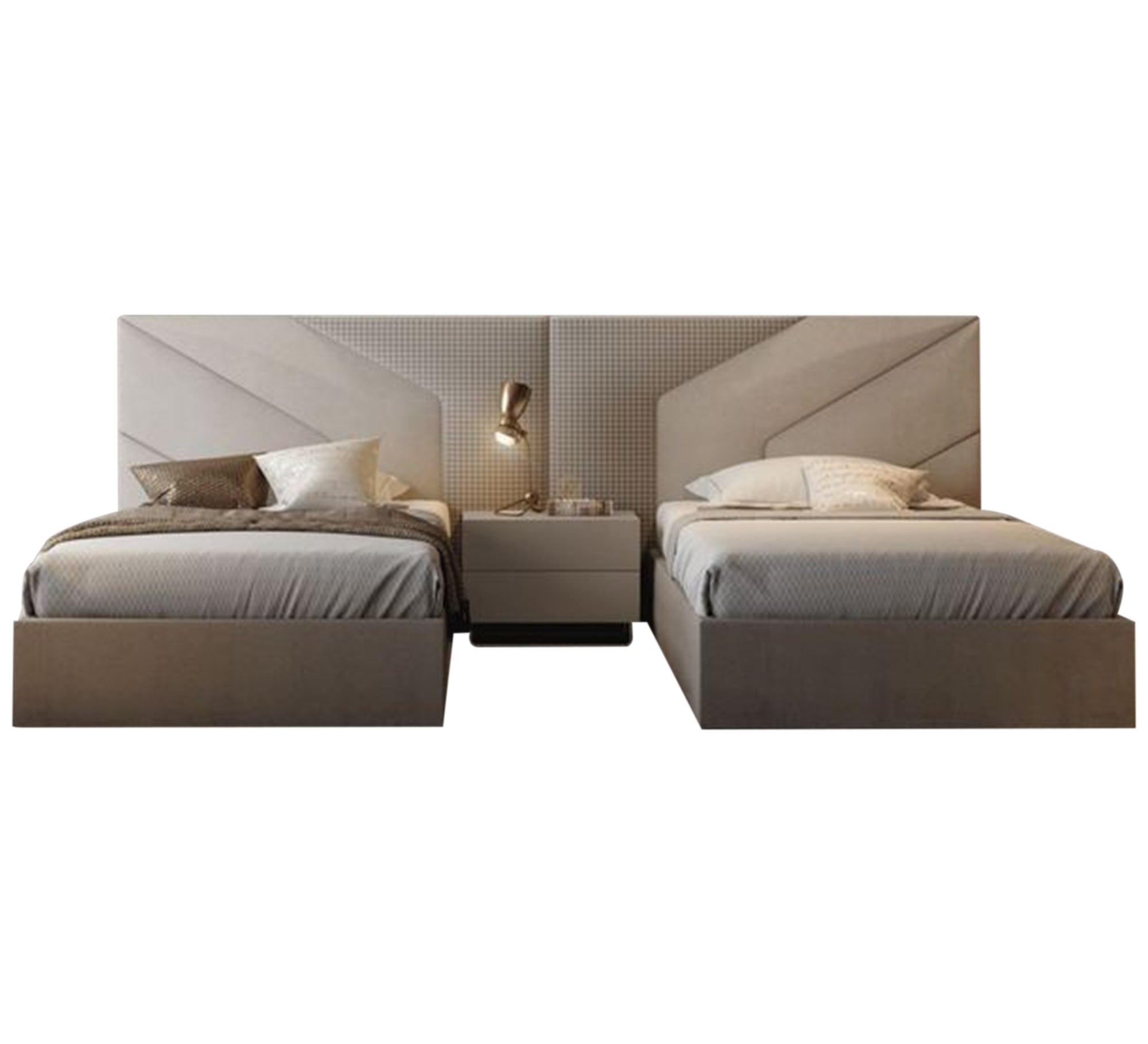 Two beige beds with attached headboards, suitable for a boys' bedroom - Vitrine Furniture - Furniture