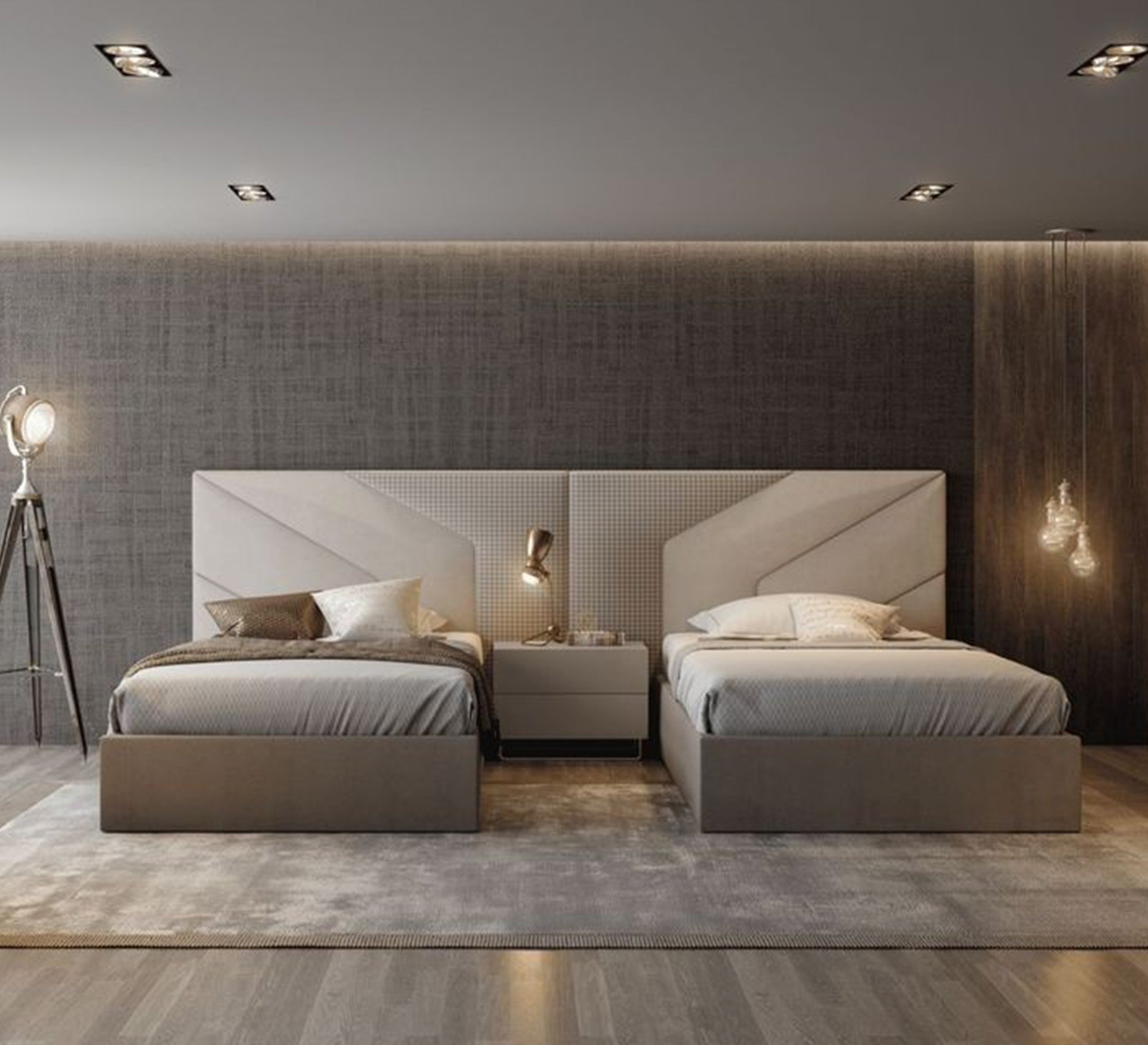 Two beige beds with attached headboards, suitable for a boys' bedroom - Vitrine Furniture - Furniture