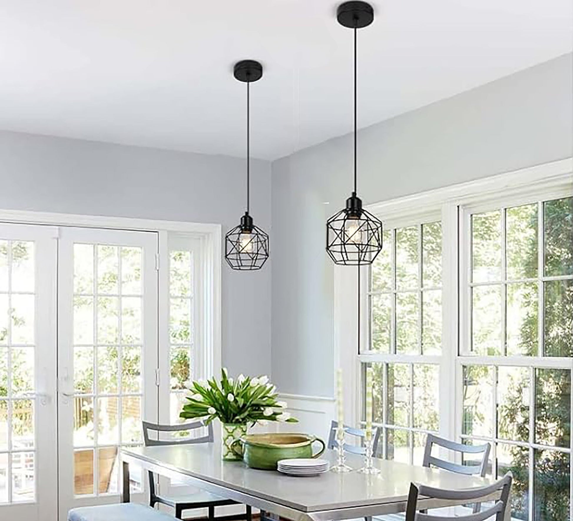 Two ceiling chandeliers with a hollow circular cage pendant - Vitrine Furniture - Lighting