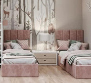 Two girls' pink beds with a high headboard and upholstered lengthwise - Vitrine Furniture - Furniture