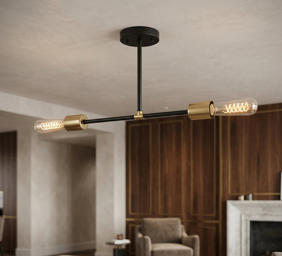 Two-light linear pendant in black and gold - Vitrine Furniture - Ceiling lights