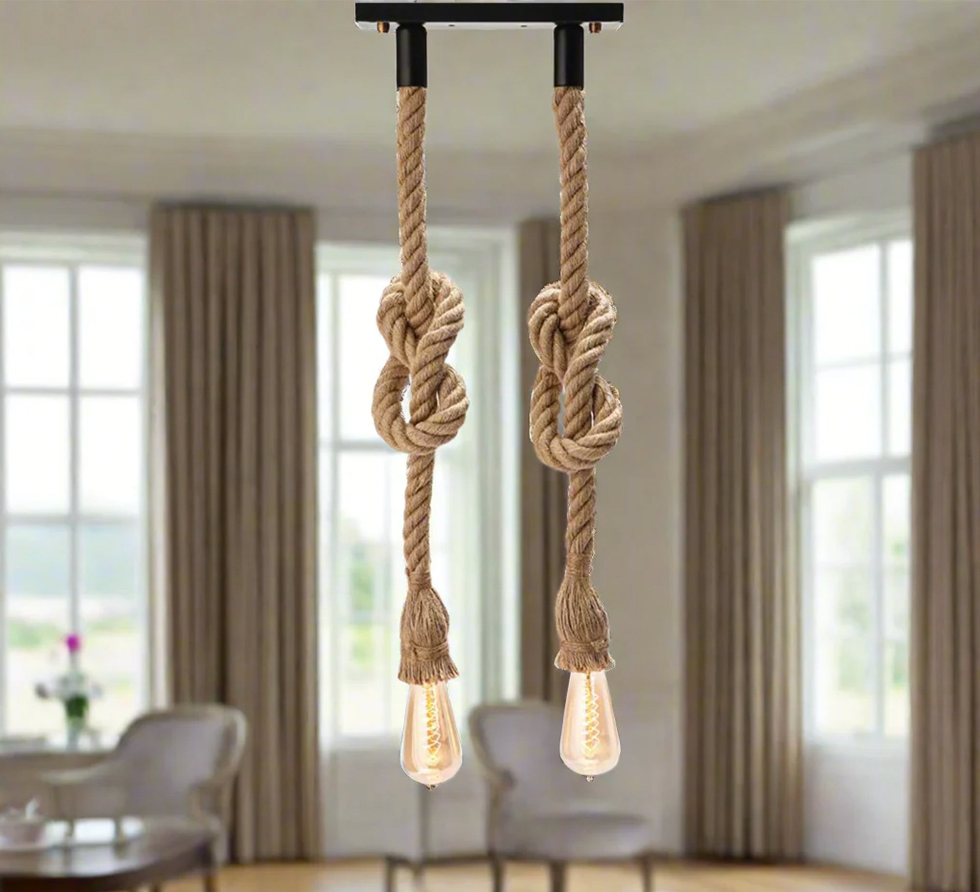 Two - shade ceiling lamp with linen cords - Vitrine Furniture - Lighting