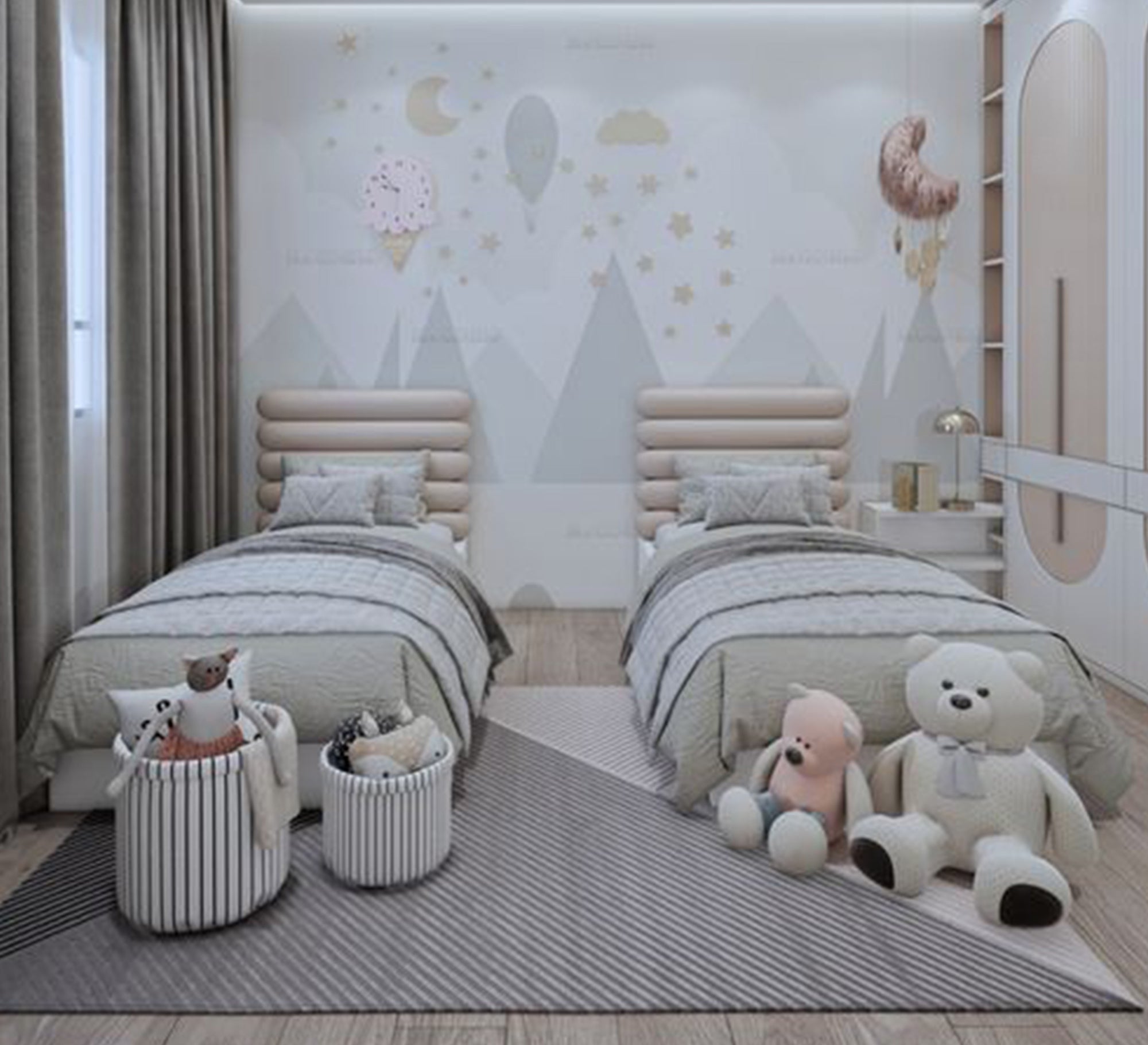 Two single beds with horizontally divided headboards - Vitrine Furniture - Furniture