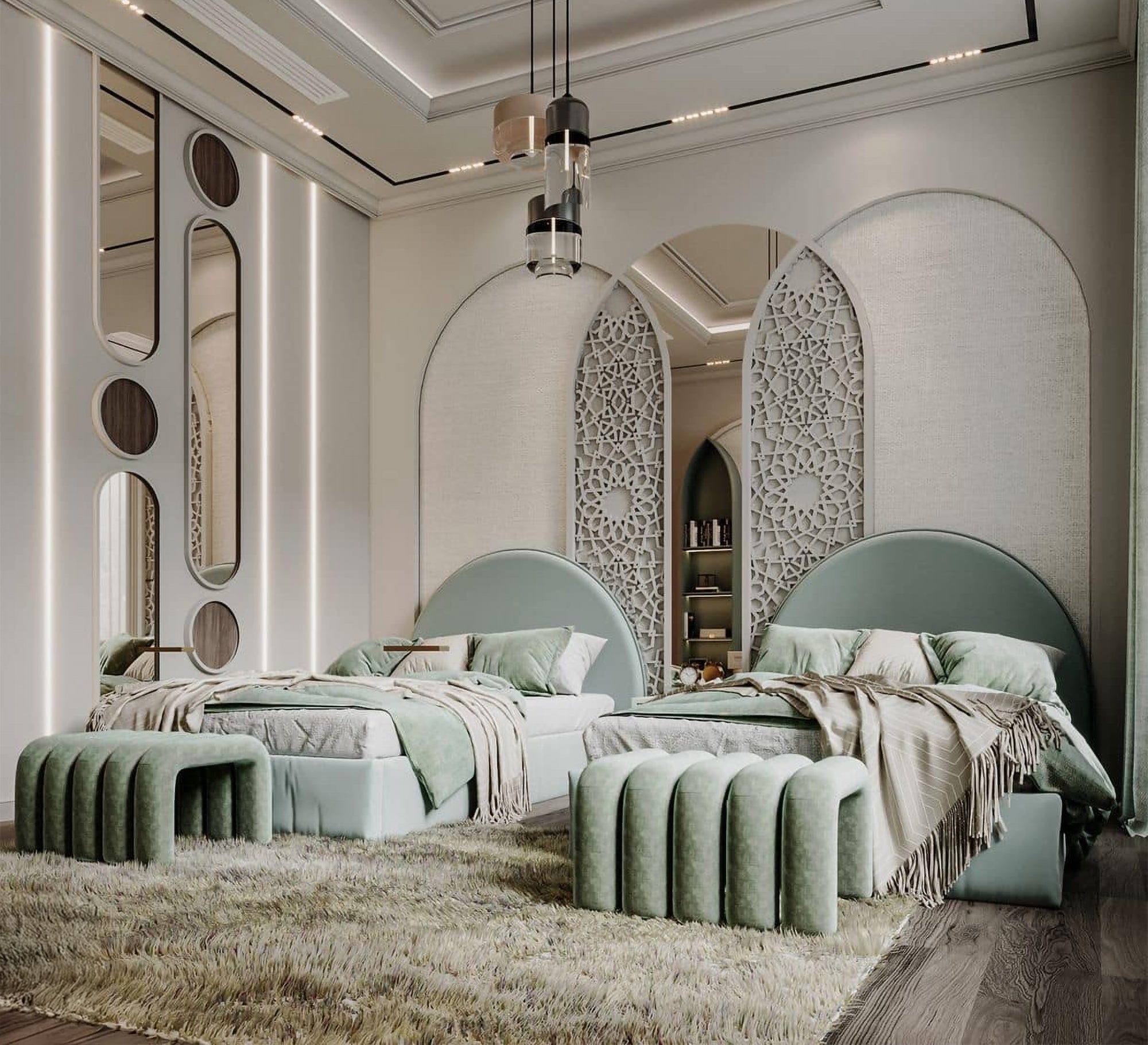 Two single beds with semi - circular headboards - Vitrine Furniture - Furniture