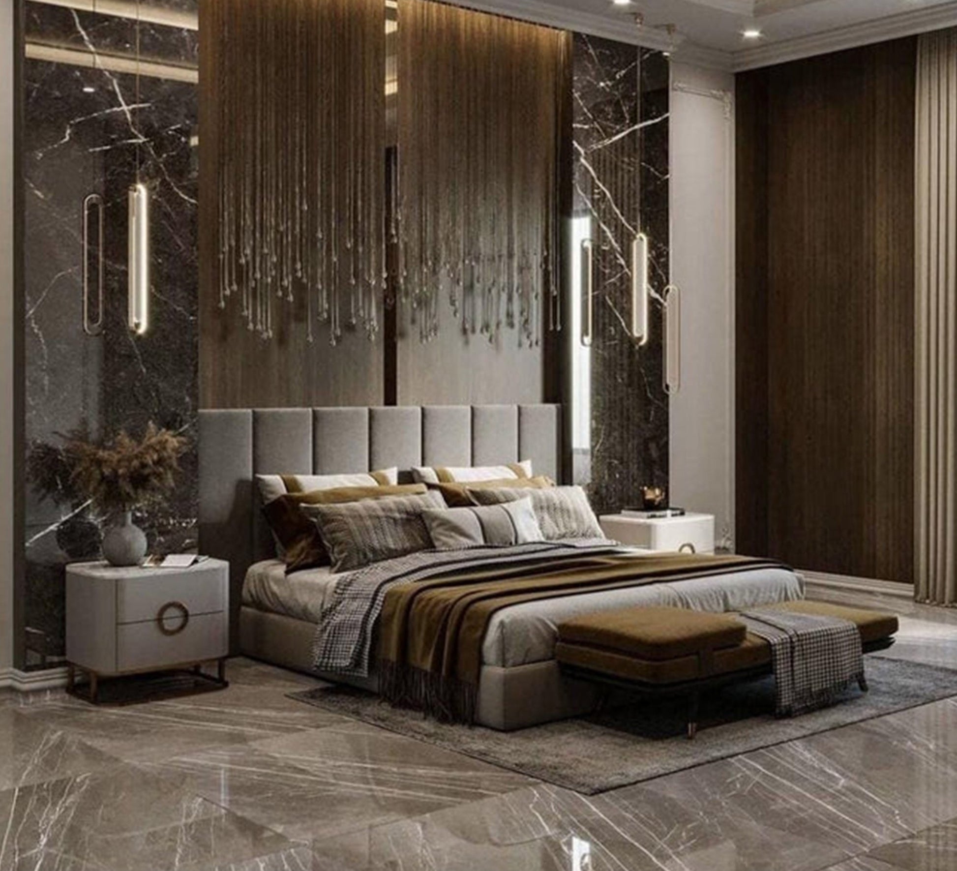 Upholstered bed with vertical sunken lines - Vitrine Furniture - Furniture