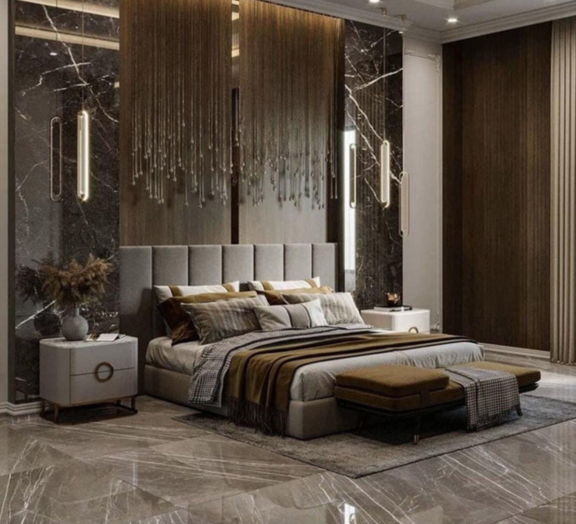 Upholstered bed with vertical sunken lines - Vitrine Furniture - Furniture