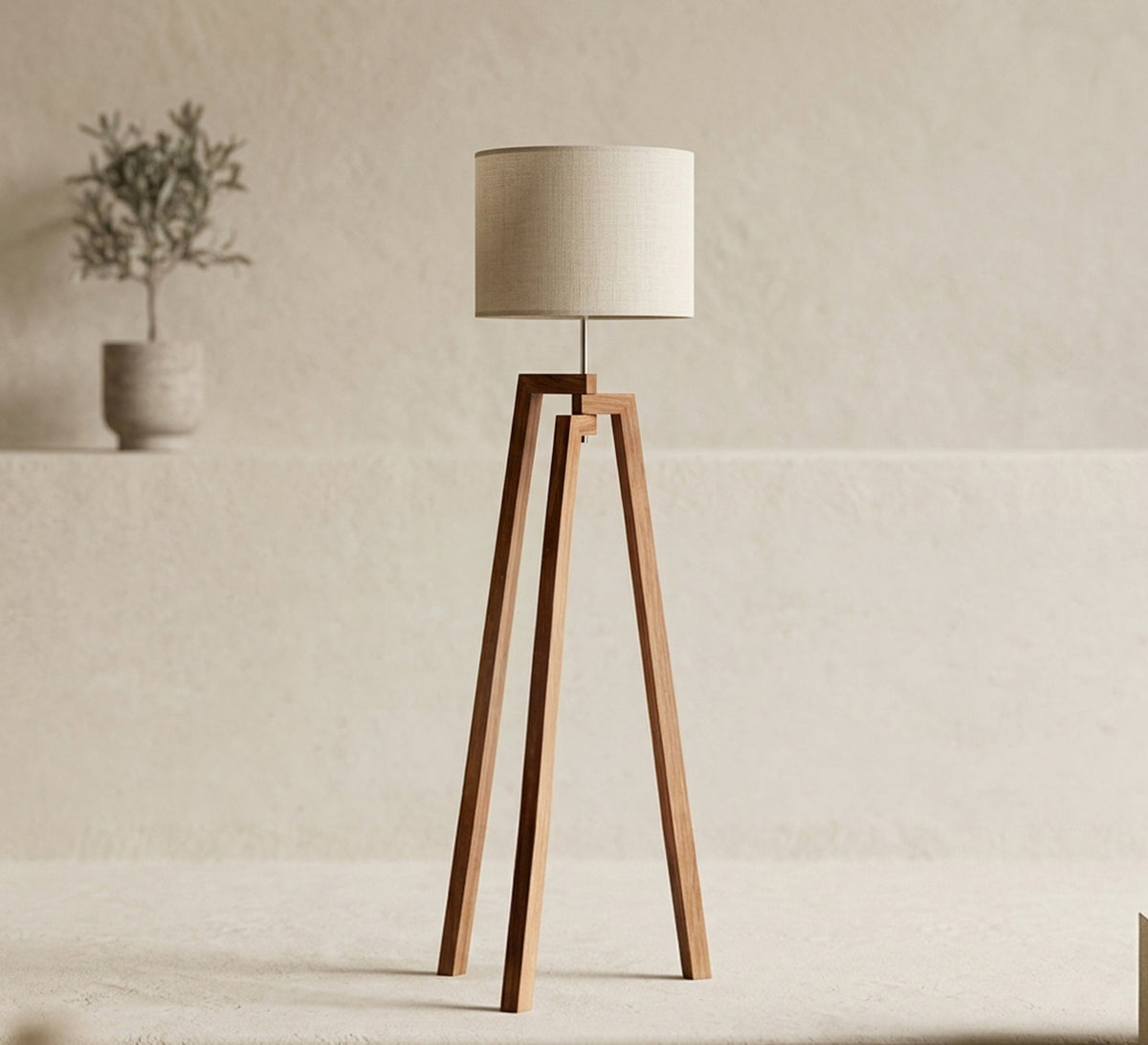 Walnut Tripod Floor Lamp Beige Shade - Vitrine Furniture - Floor lamps