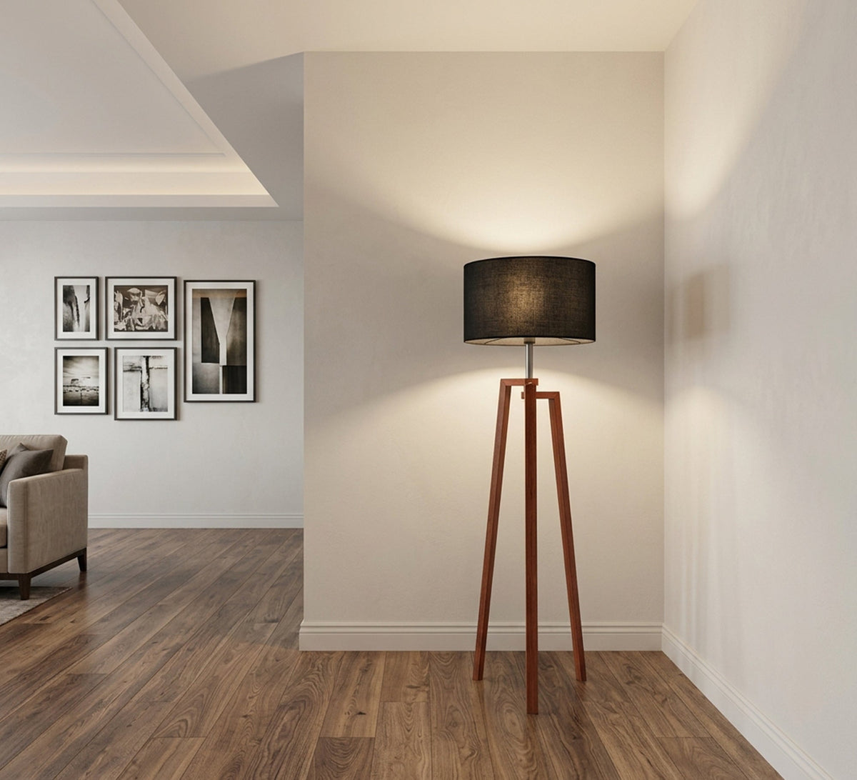 Walnut Tripod Floor Lamp Black Shade - Vitrine Furniture - Floor lamps