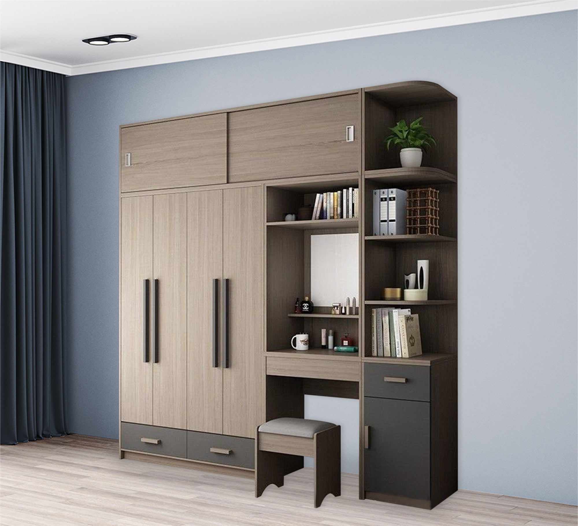 Wardrobe: Integrated Beige & Gray Storage Elegance - Vitrine Furniture - Furniture