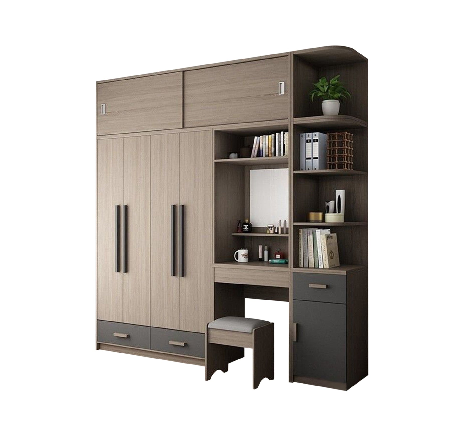 Wardrobe: Integrated Beige & Gray Storage Elegance - Vitrine Furniture - Furniture