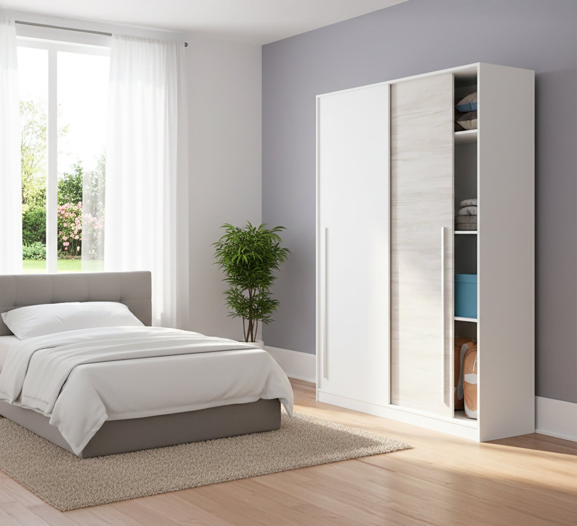 Wardrobe: White Double - Door, Sliding Elegance - Vitrine Furniture - Furniture