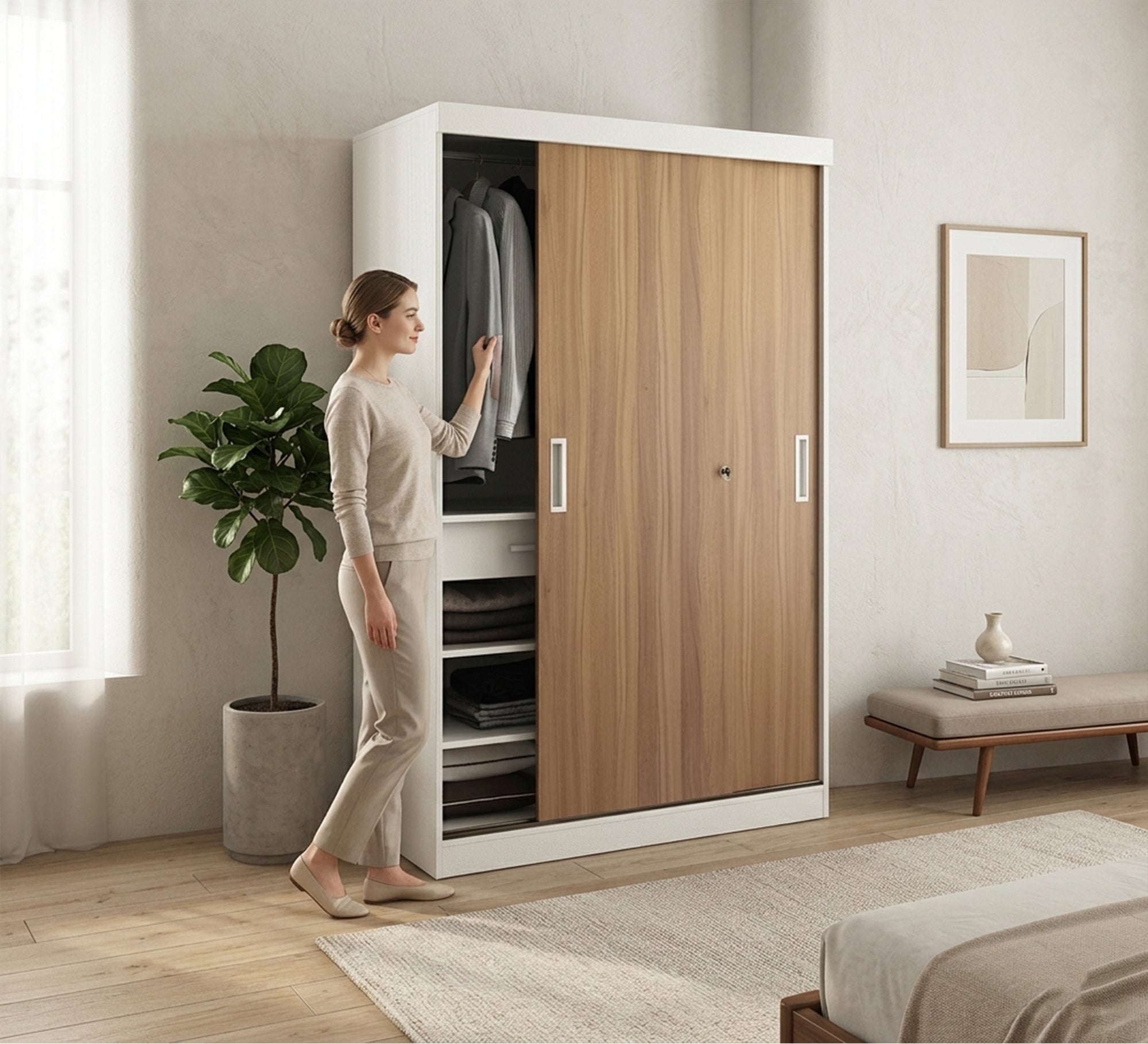 Wardrobe with sliding doors in white and brown - Vitrine Furniture - Wardrobes