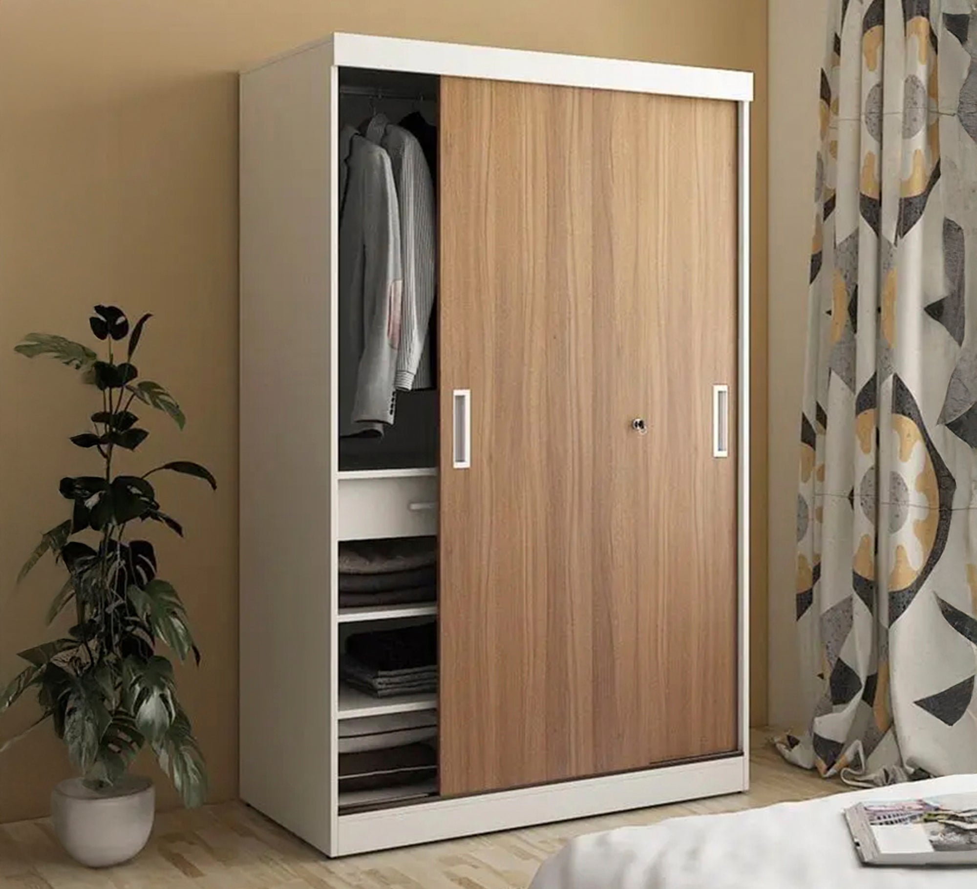 Wardrobe with sliding doors in white and brown - Vitrine Furniture - Wardrobes