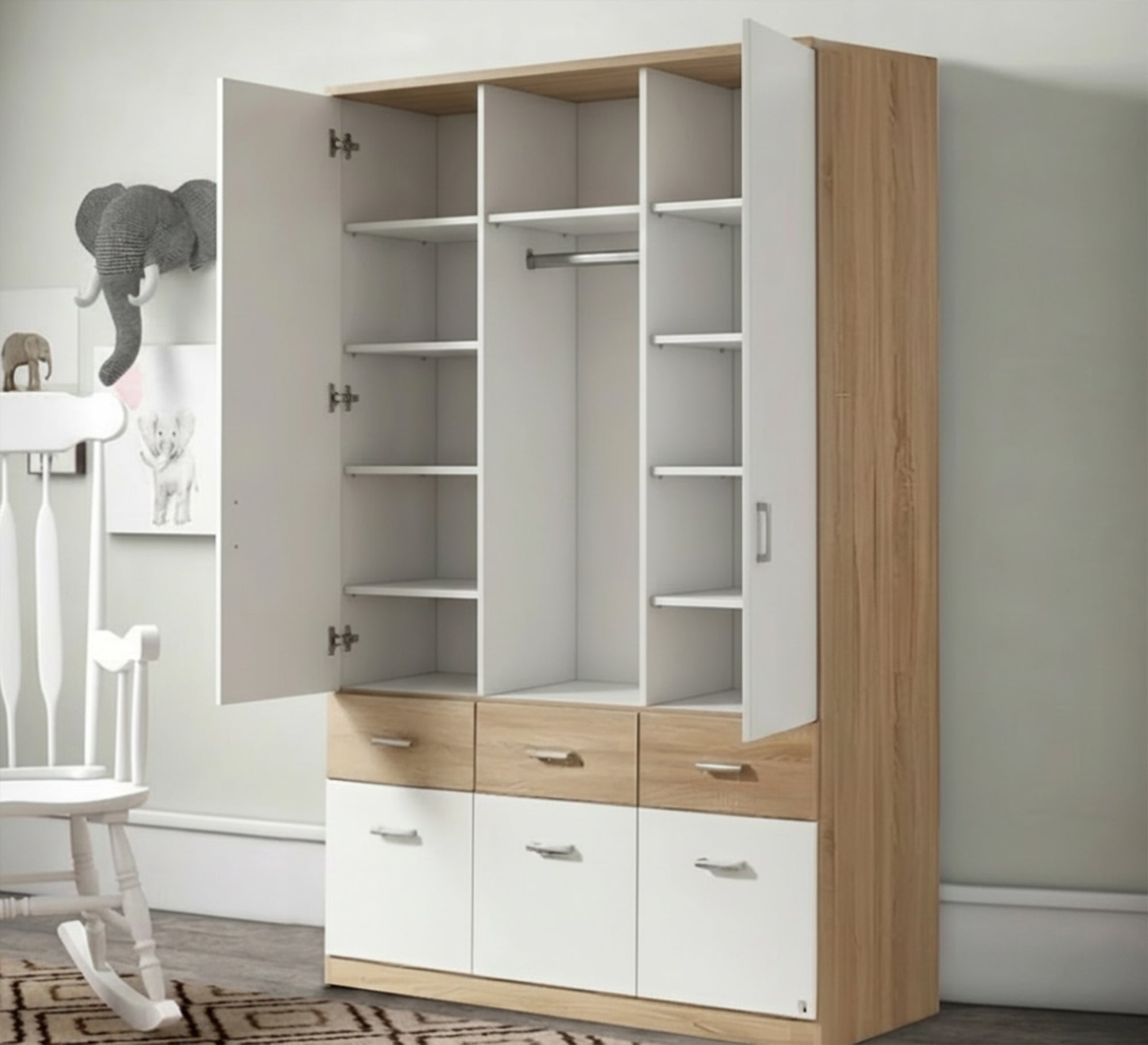 Wardrobe with White & Beige Wooden Drawers - Vitrine Furniture - Wardrobes