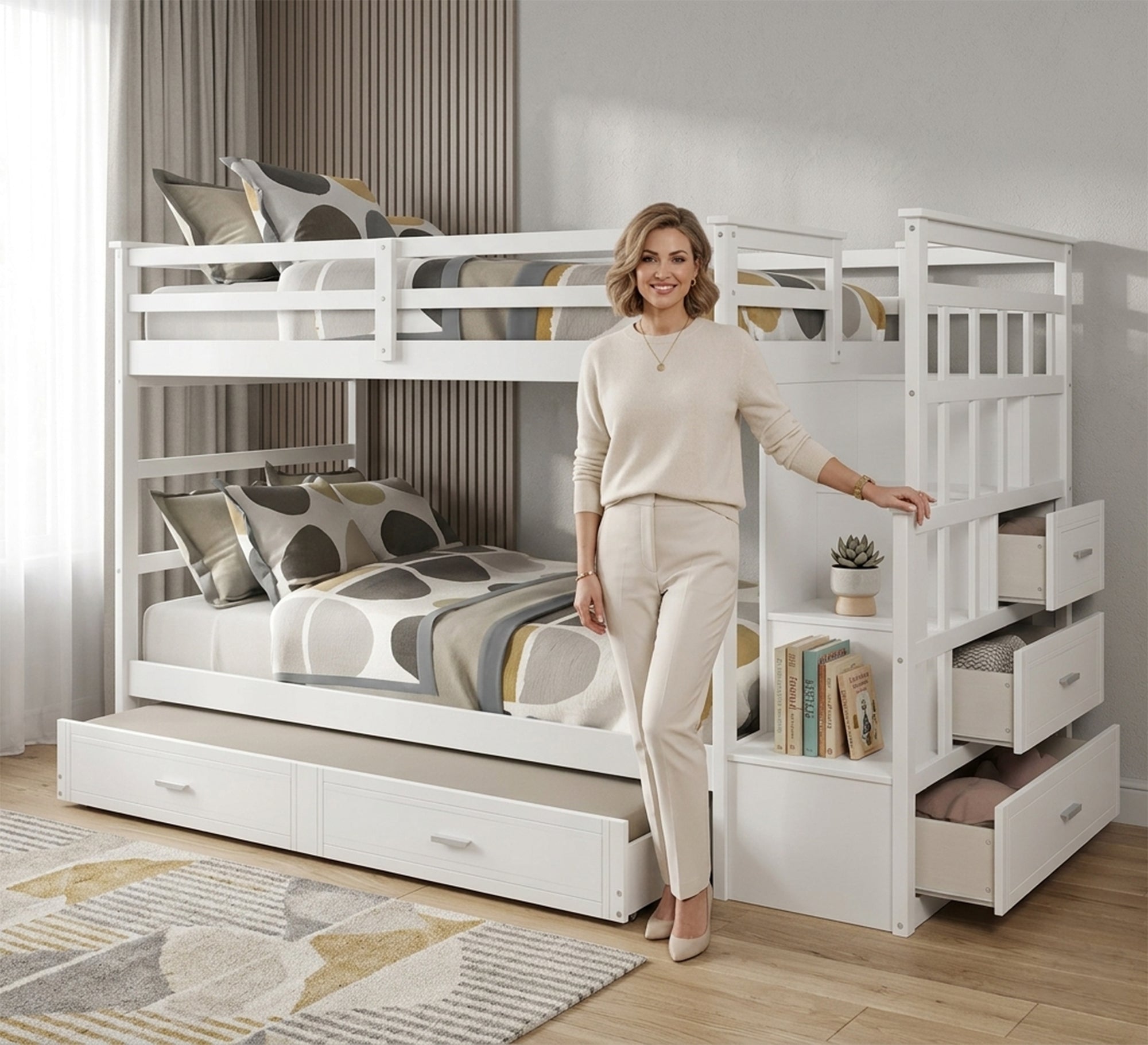 White 3 - story bed with side ladder - Vitrine Furniture - Beds
