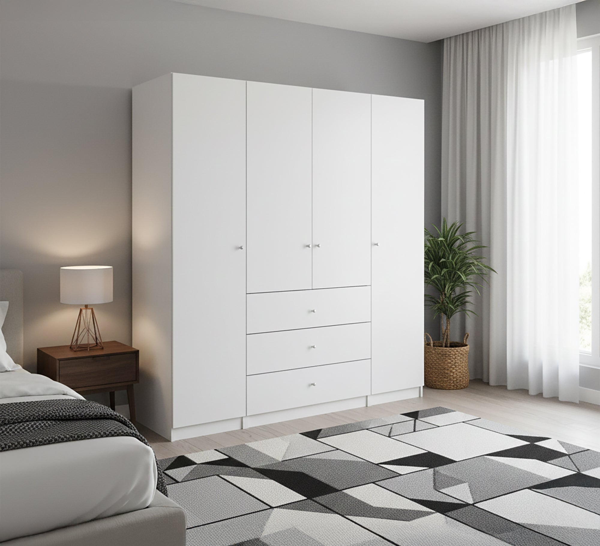 White, 4 - Door Wardrobe, Spacious & Chic - Vitrine Furniture - Furniture