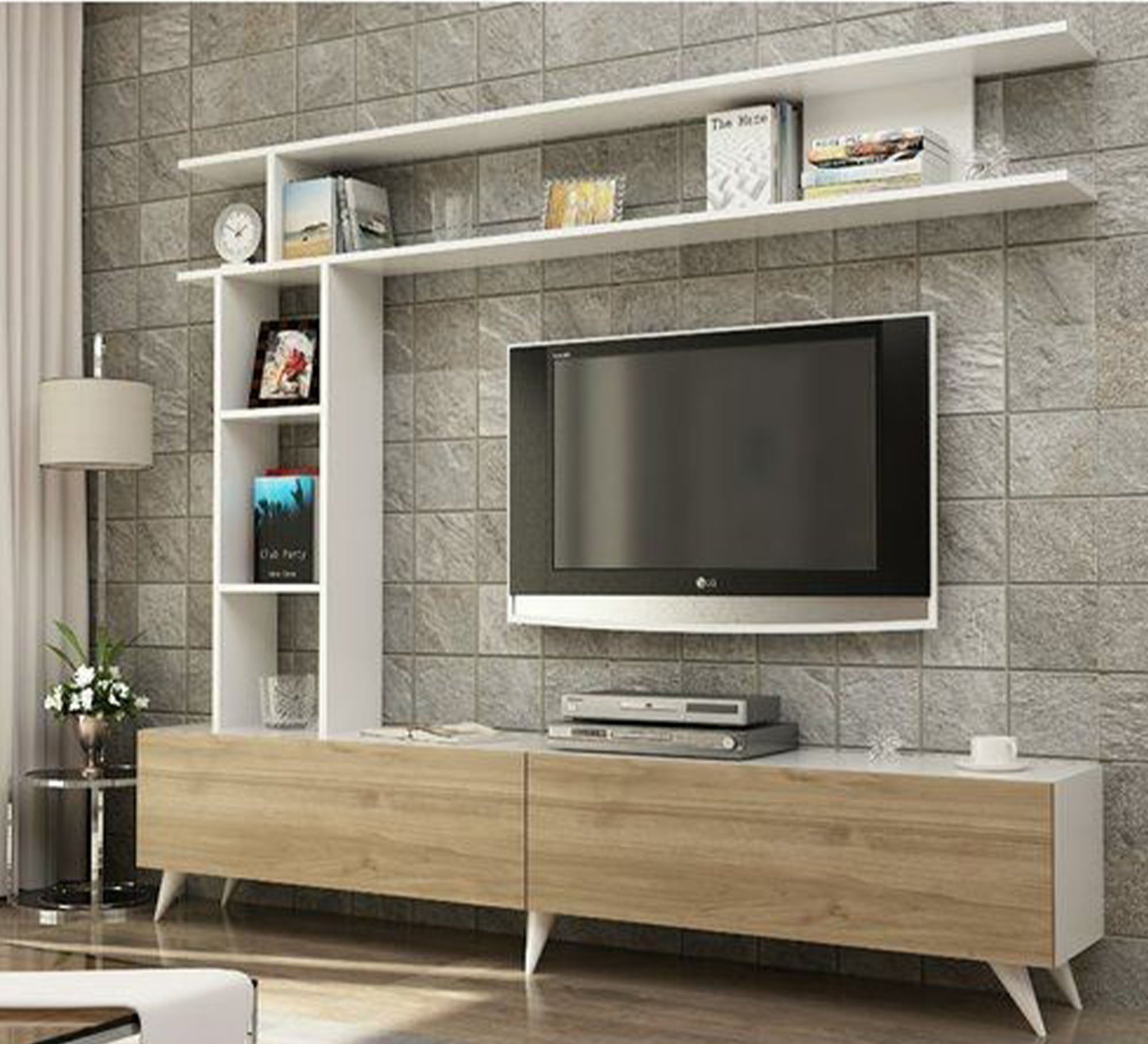 White and beige TV table with wall shelves - Vitrine Furniture - Furniture