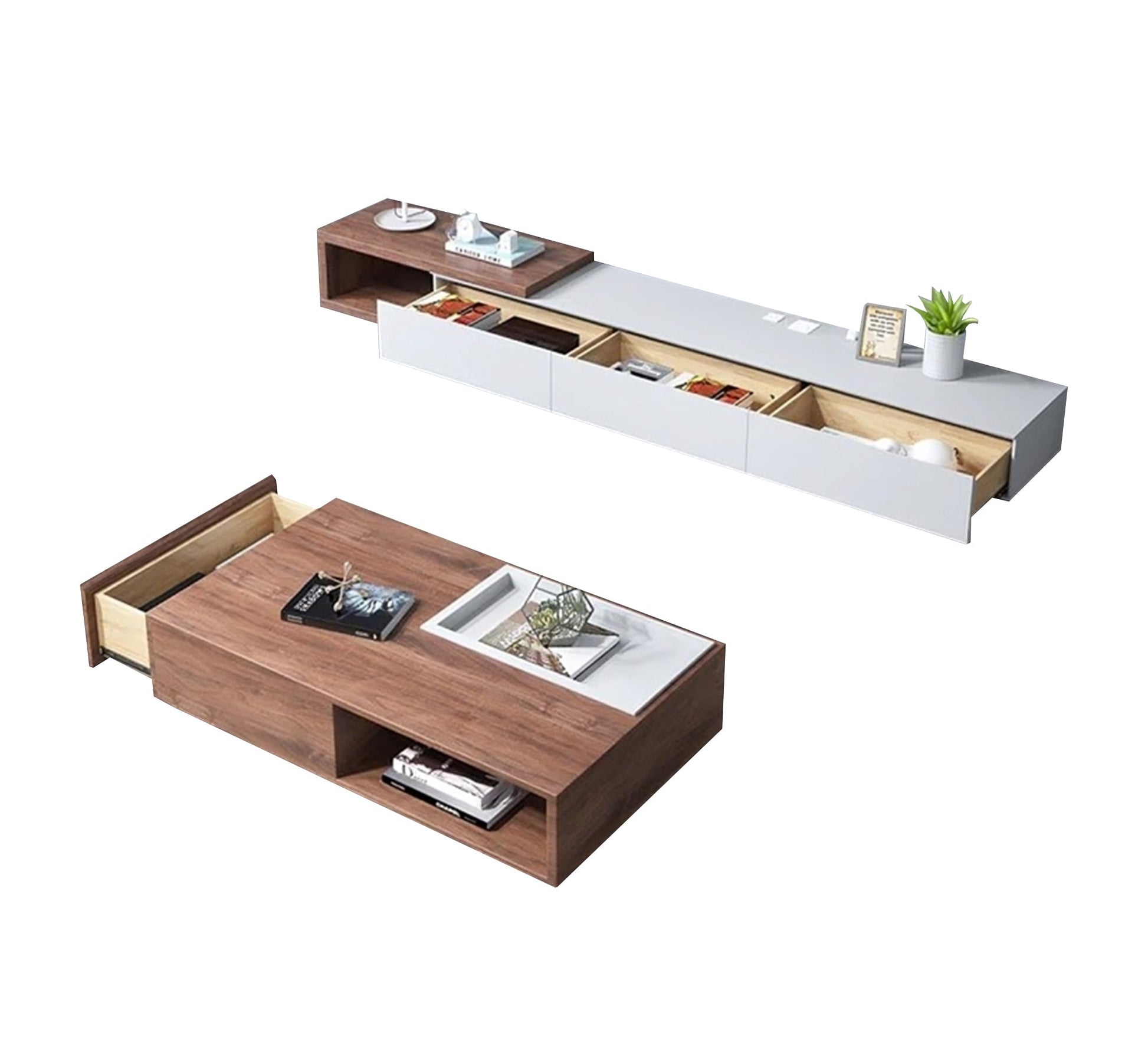 White and brown TV table set - Vitrine Furniture - Furniture
