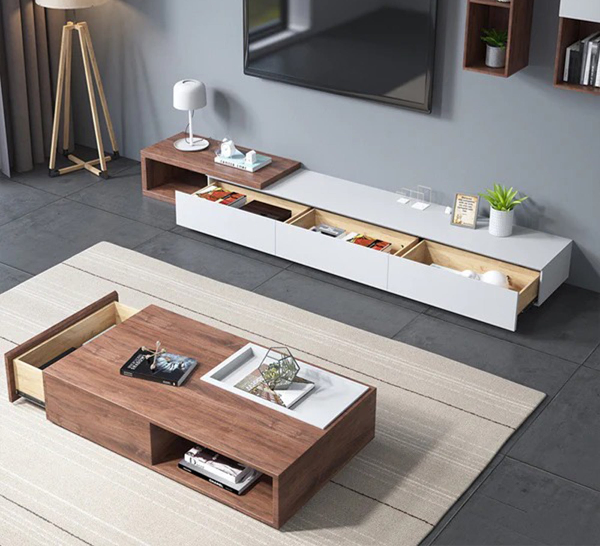 White and brown TV table set – Vitrine Furniture