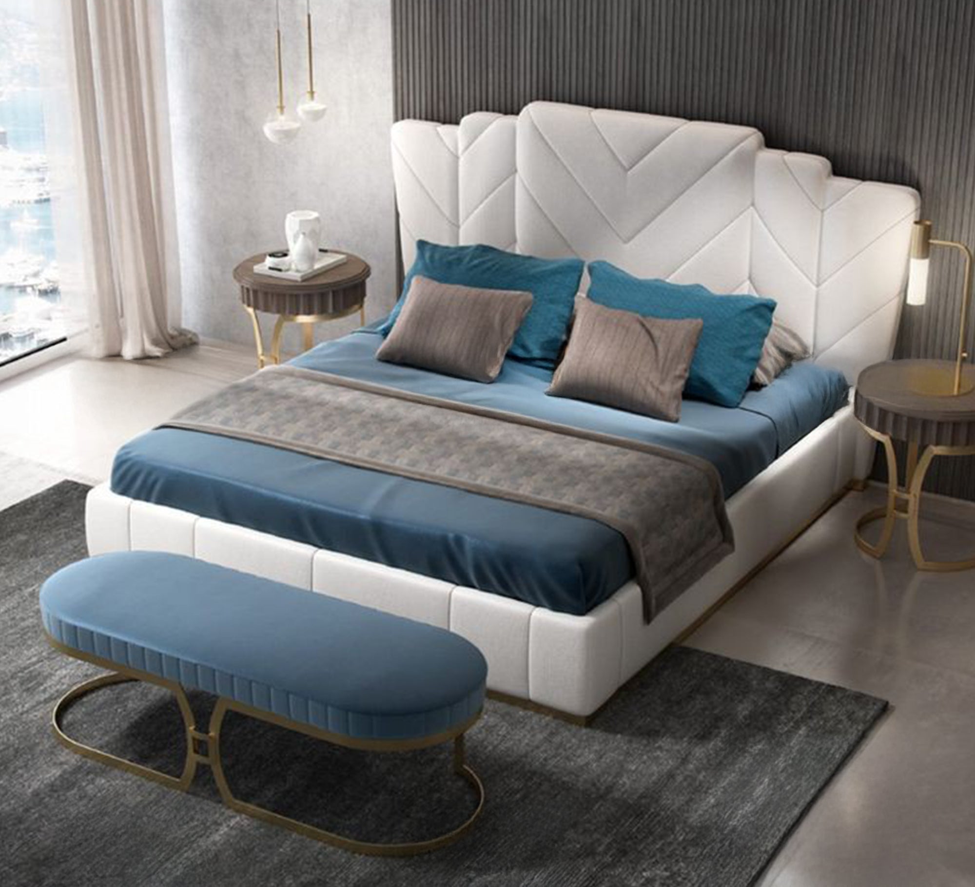 White bed with geometric headboard and modern design - Vitrine Furniture - Furniture