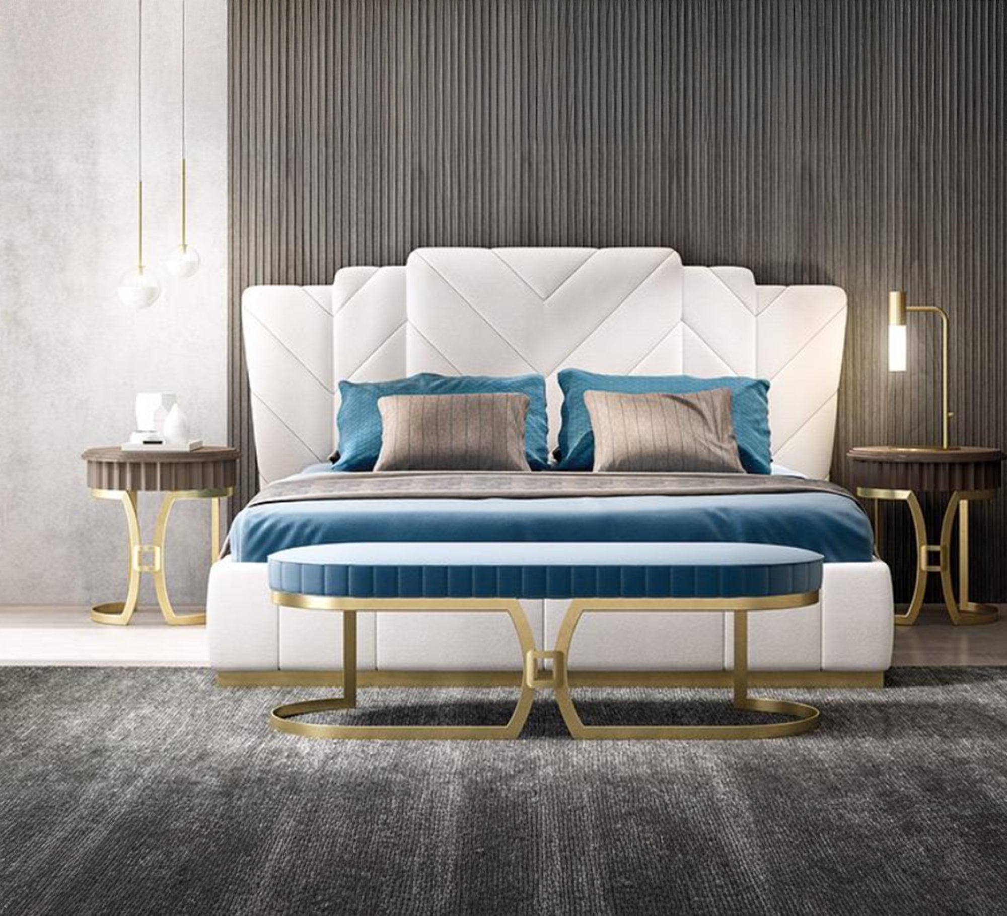 White bed with geometric headboard and modern design - Vitrine Furniture - Furniture