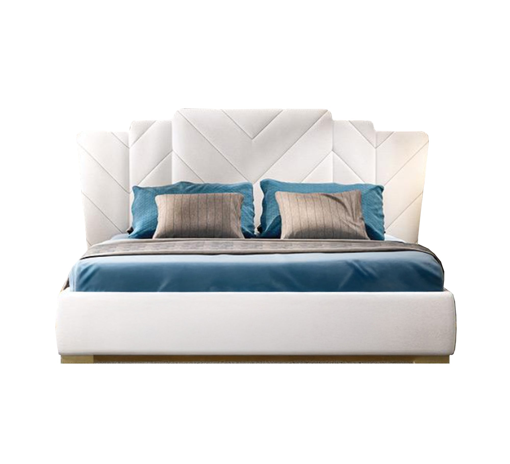 White bed with geometric headboard and modern design - Vitrine Furniture - Furniture