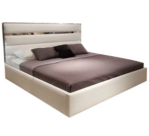 White bed with horizontal sunken lines and a silver - framed headboard - Vitrine Furniture - Furniture