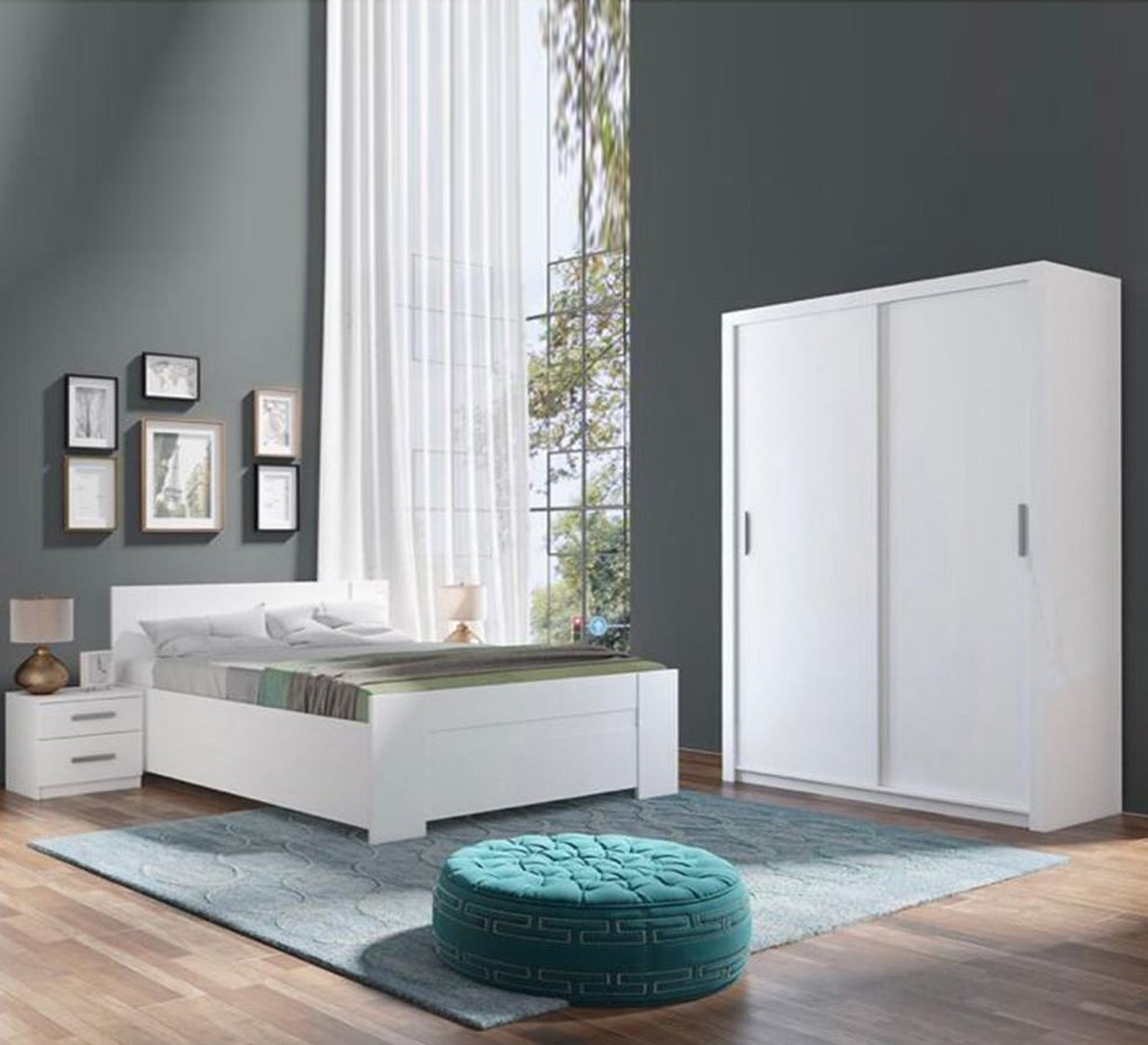 White bedroom with sliding wardrobe - Vitrine Furniture - Bed Sets