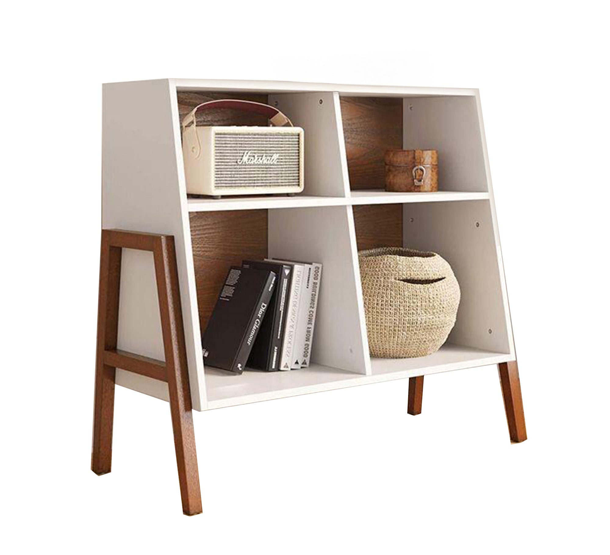 White bookcase with brown slanted legs - Vitrine Furniture - Furniture