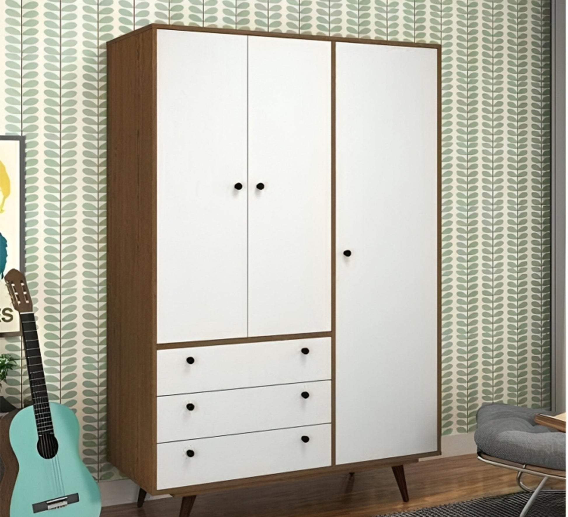 White & Brown Wardrobe with High Legs Elegance - Vitrine Furniture - Furniture