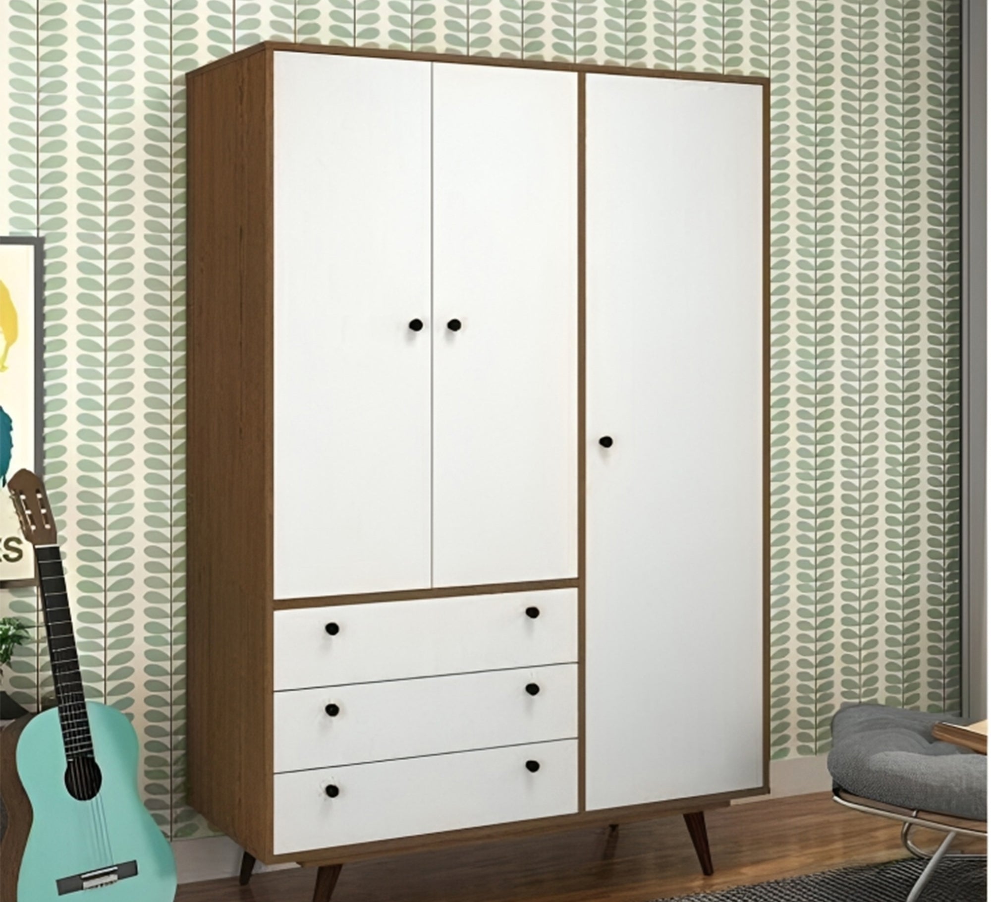 White & Brown Wardrobe with High Legs Elegance - Vitrine Furniture - Furniture