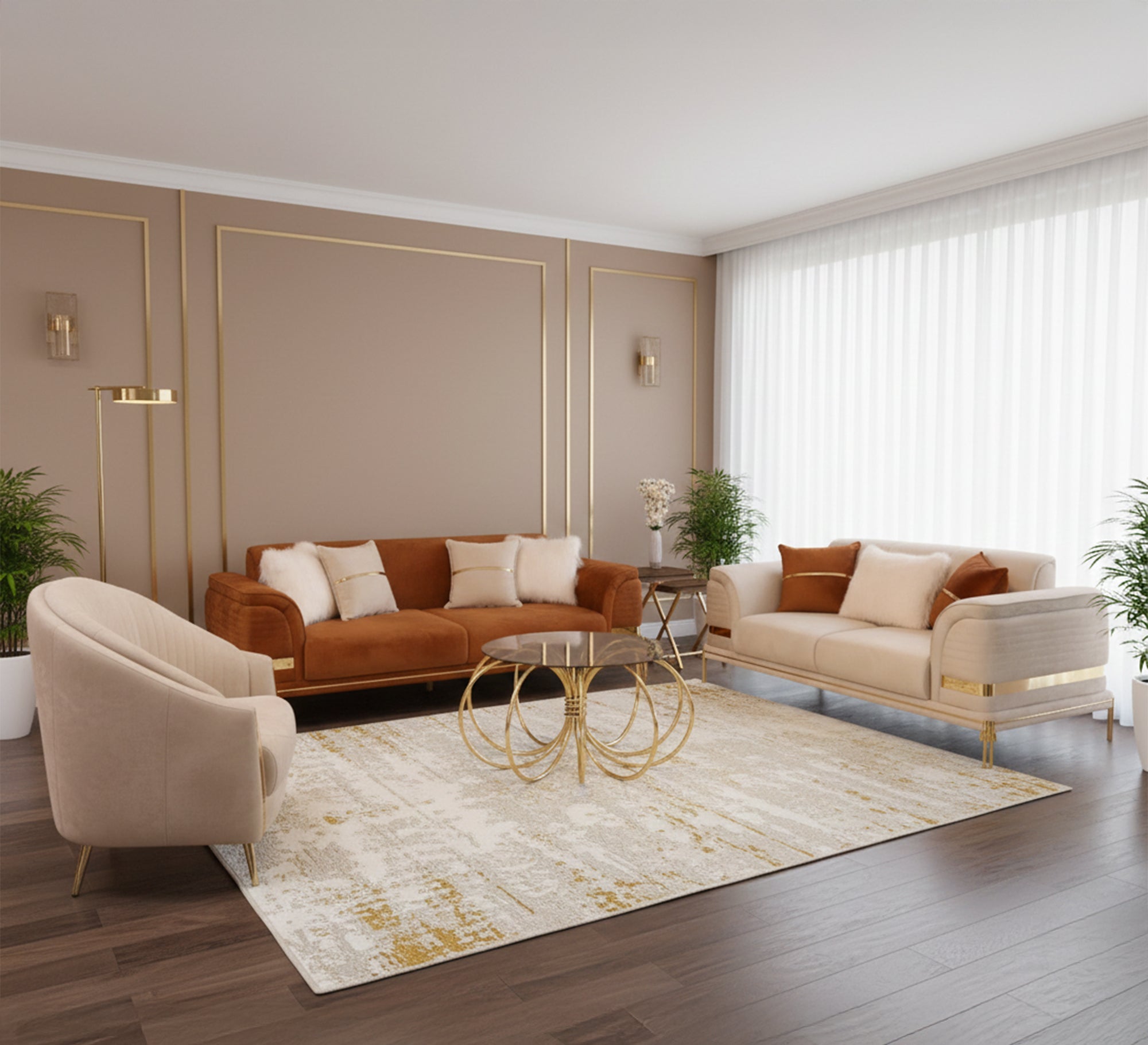 White * brown with ornaments and steel legs - Vitrine Furniture - Salon Sets