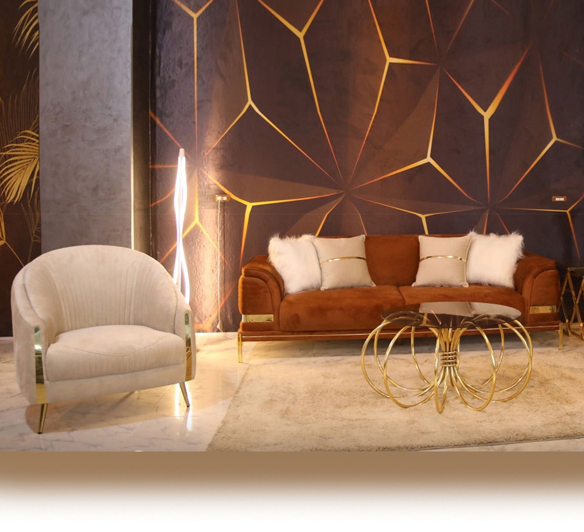 White * brown with ornaments and steel legs - Vitrine Furniture - Salon Sets