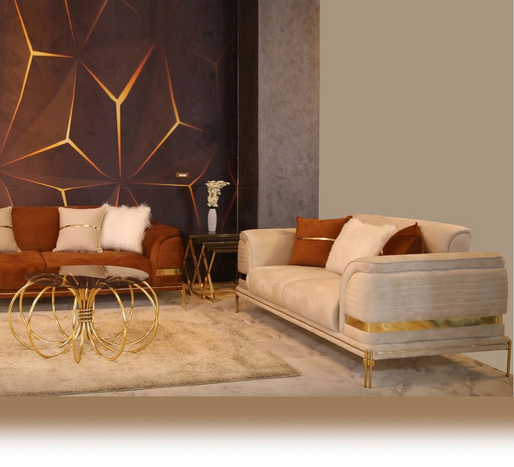 White * brown with ornaments and steel legs - Vitrine Furniture - Salon Sets