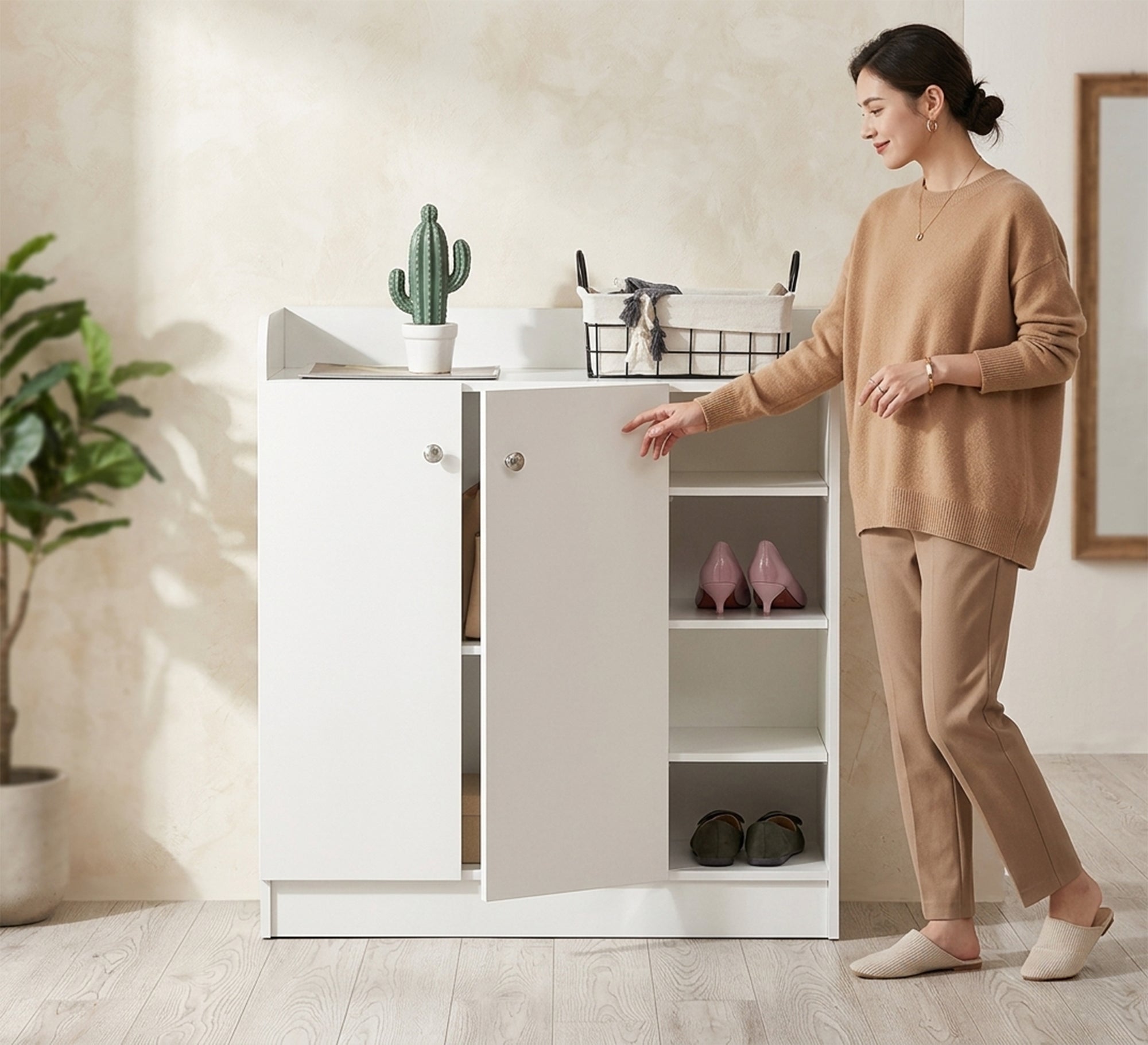 White cabinet with two doors and open shelves - Vitrine Furniture - Shoe Racks