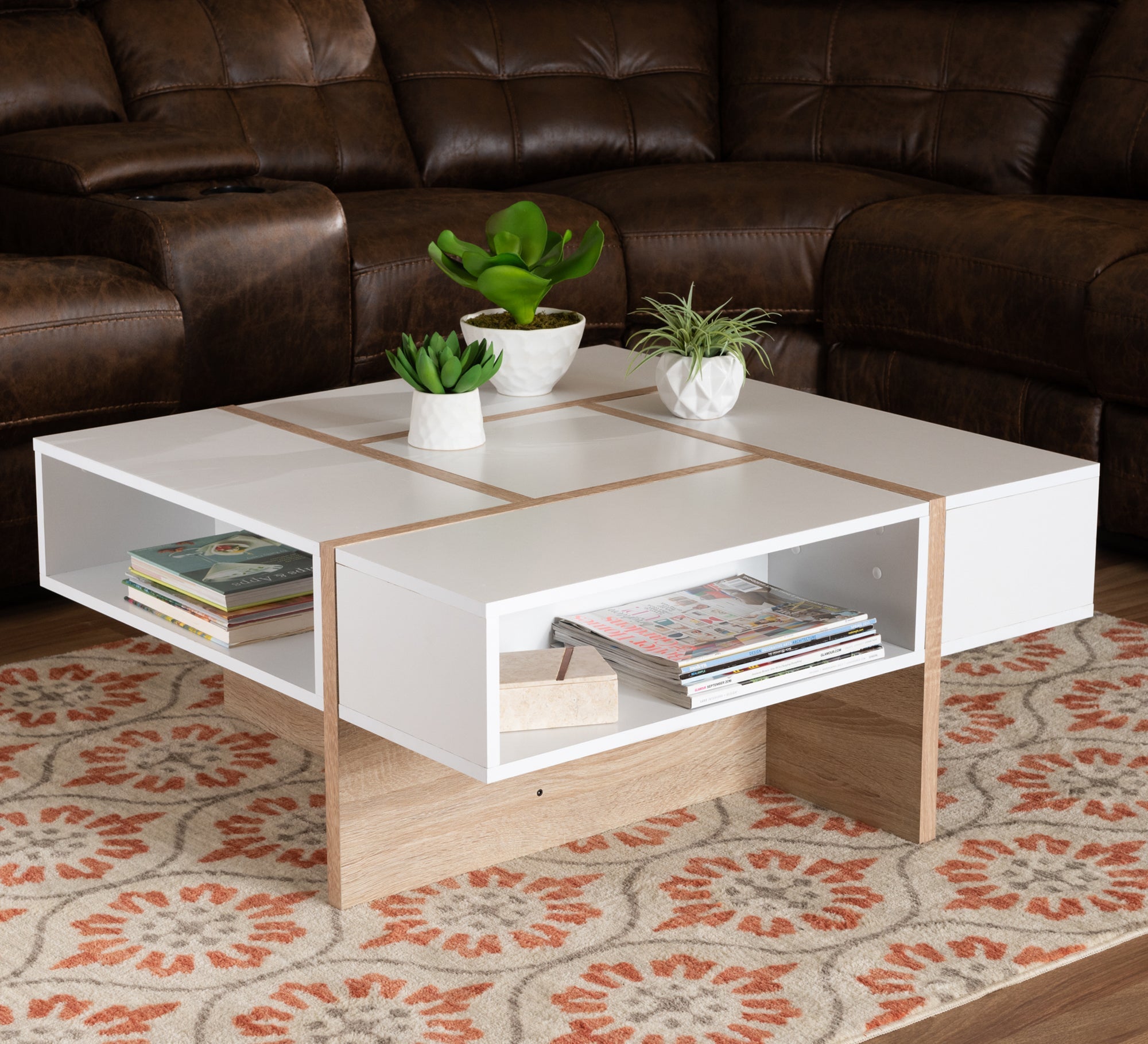 White center table decorated with brown stripes - Vitrine Furniture - Furniture