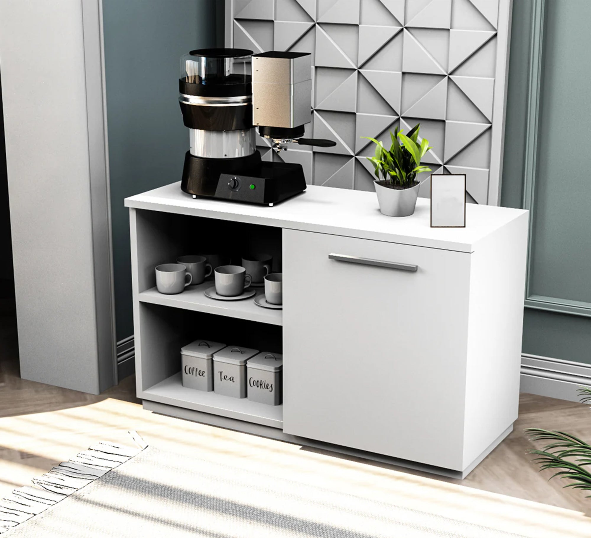 White coffee corner with door and open shelves - Vitrine Furniture - Furniture