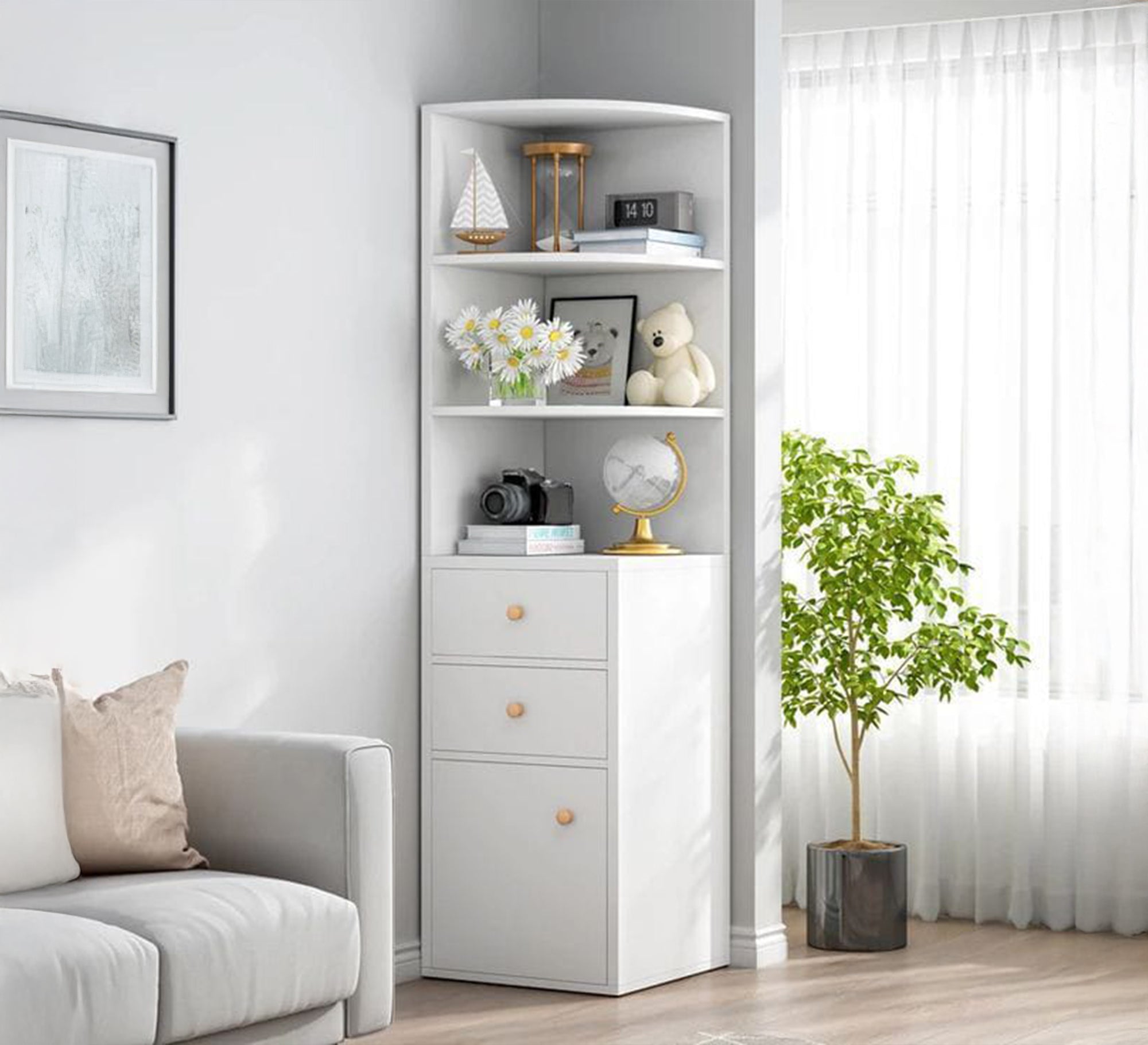 White corner storage unit with shelves and drawers - Vitrine Furniture - Furniture