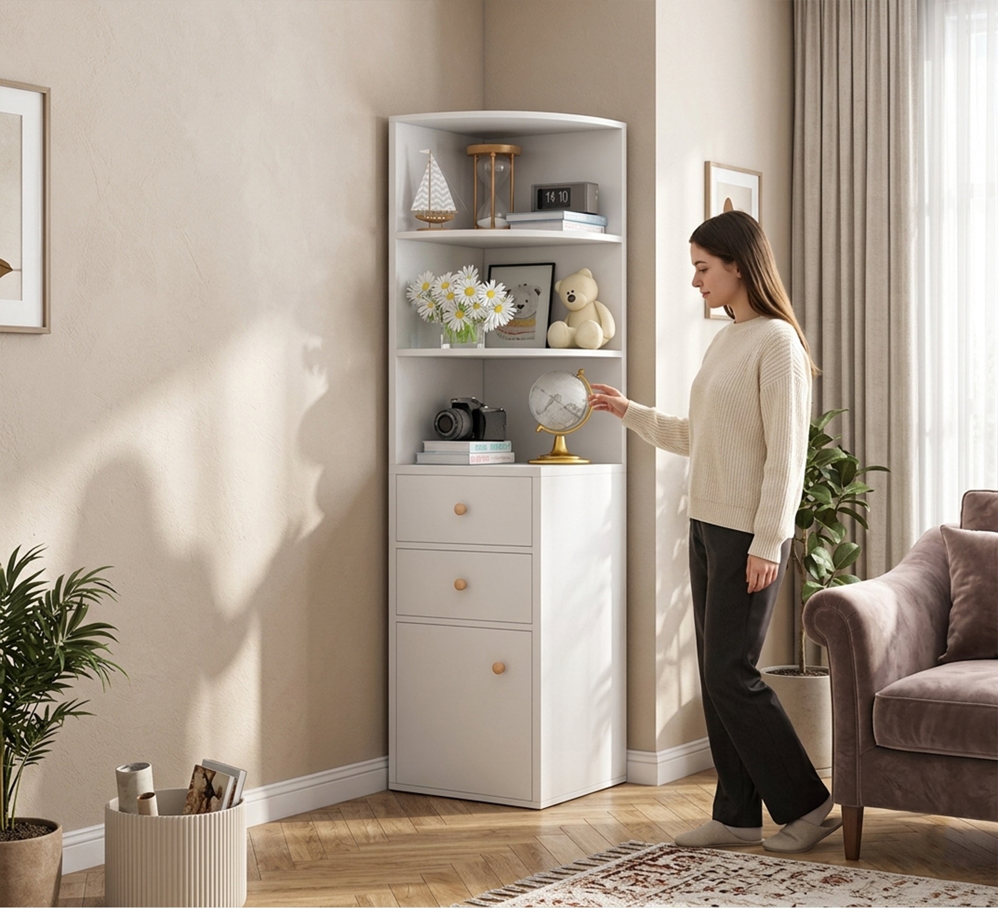 White corner storage unit with shelves and drawers - Vitrine Furniture - Office Bookcases