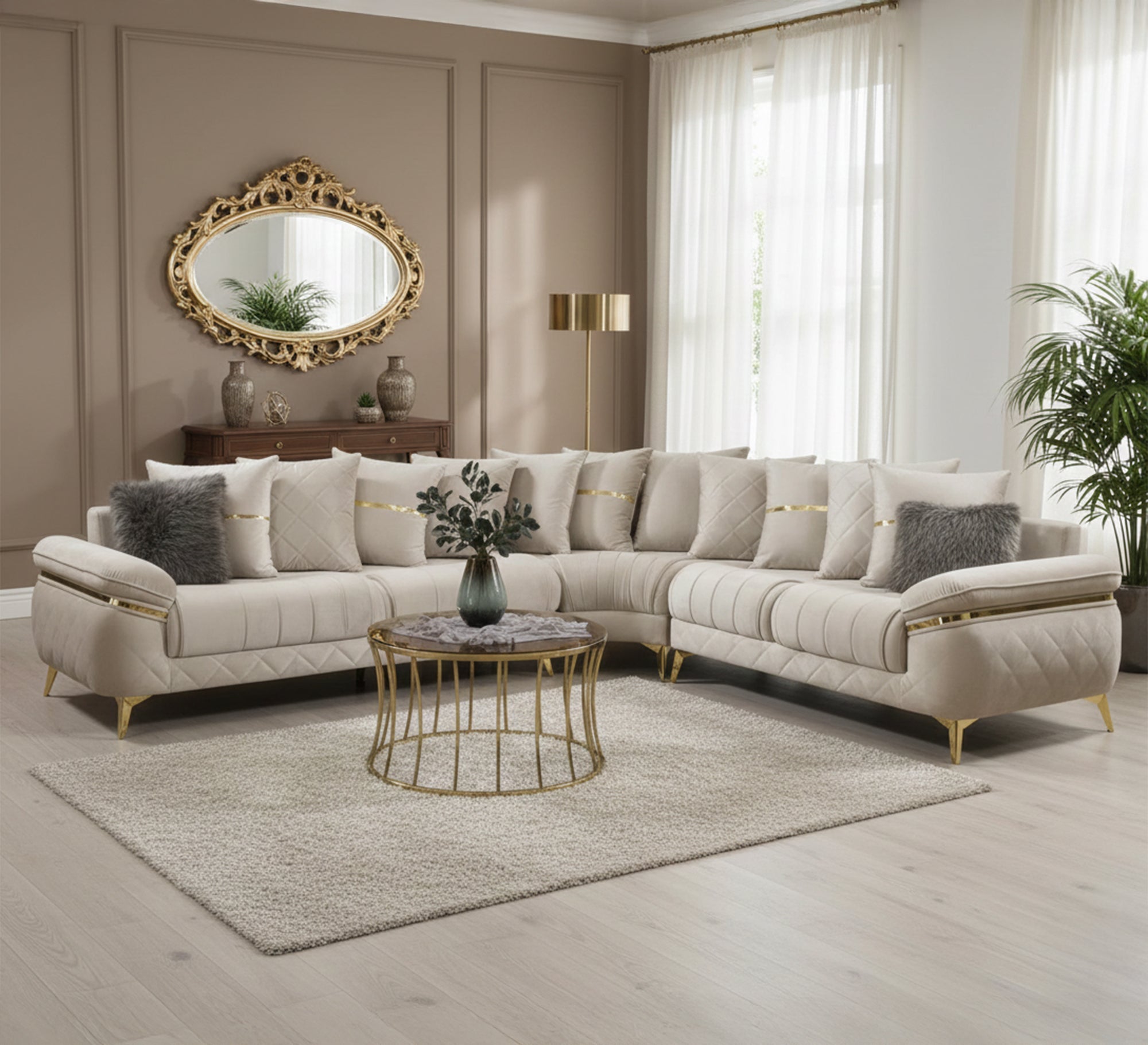 White Corner with Gold Accents & Steel Legs - Vitrine Furniture - L - shape sofa set