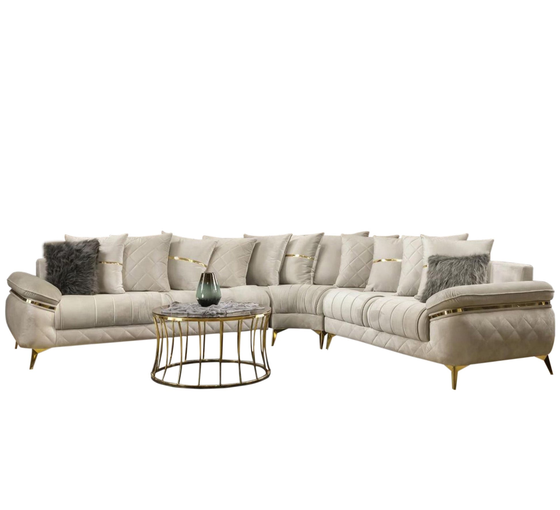 White Corner with Gold Accents & Steel Legs - Vitrine Furniture - L - shape sofa set