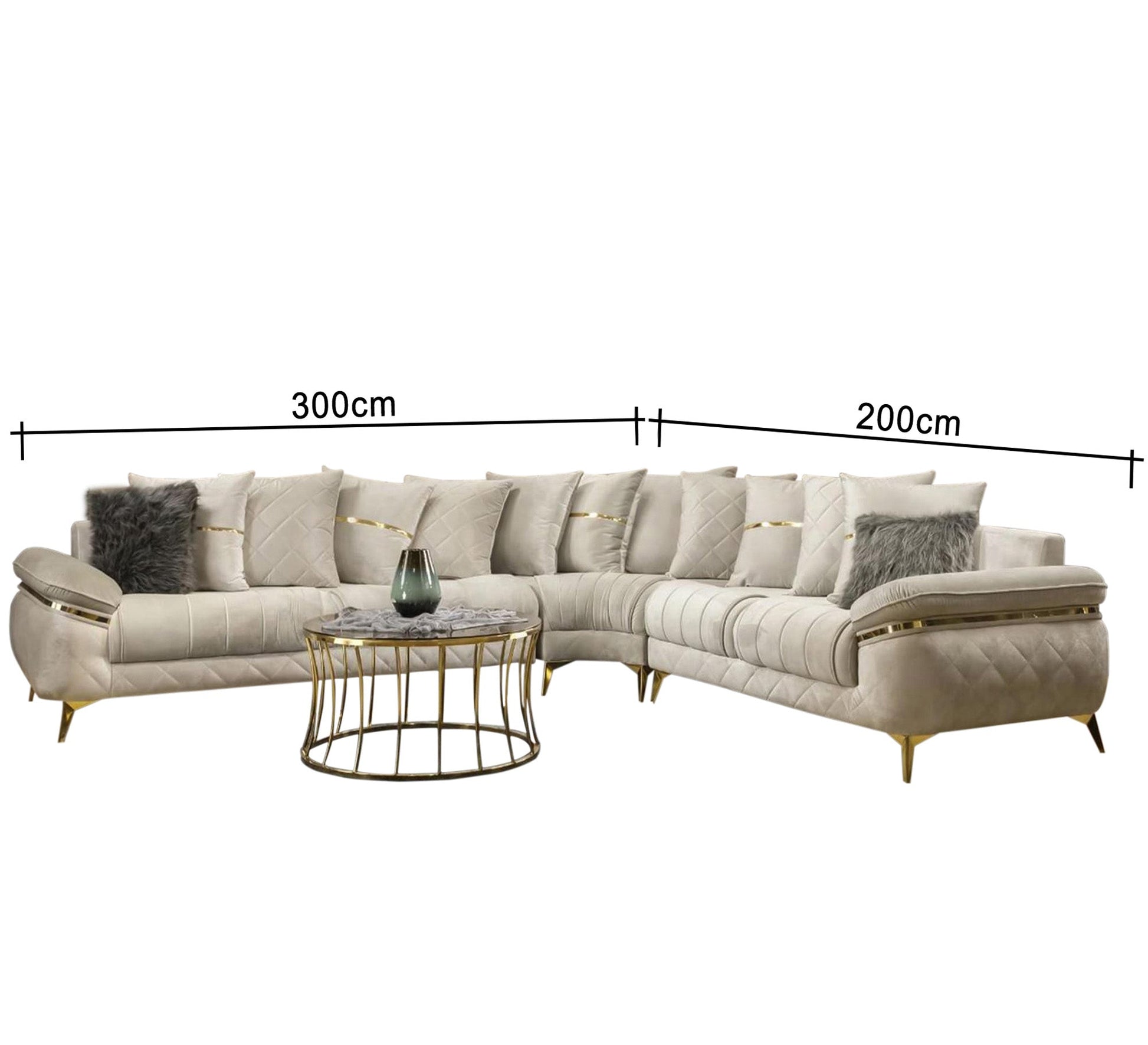 White Corner with Gold Accents & Steel Legs - Vitrine Furniture - L - shape sofa set
