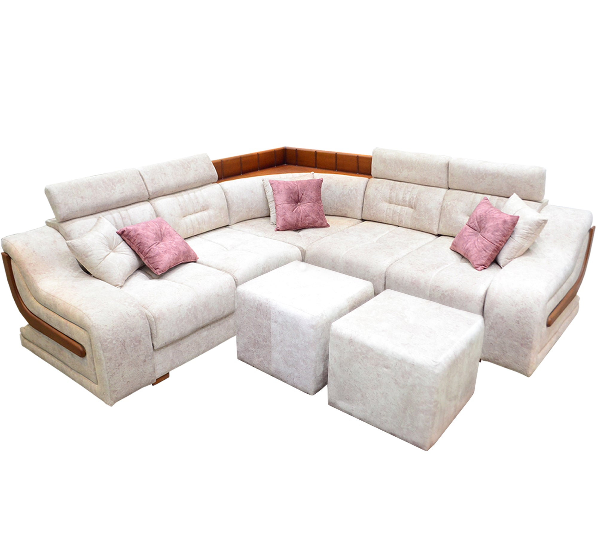 White Corners with Elegant Wooden Touches - Vitrine Furniture - L - shape sofa set