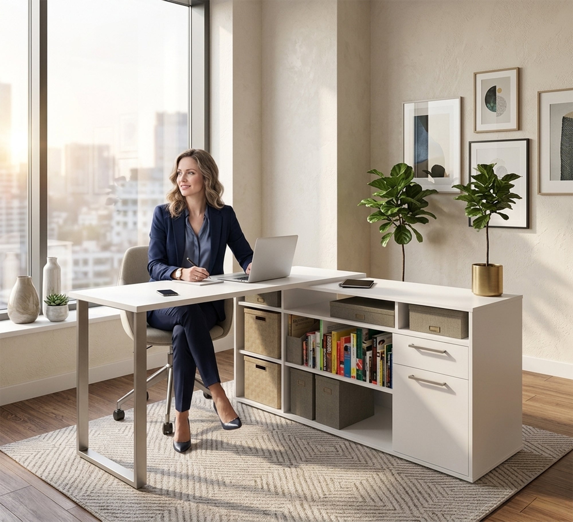 White Desk: Multi - Shelf, Sleek Workspace Solution - Vitrine Furniture - Desks