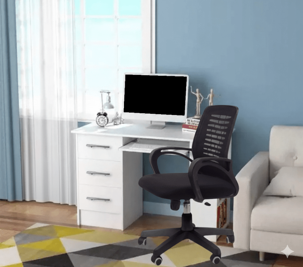 White desk with side shelves and black office chair - Vitrine Furniture - Furniture