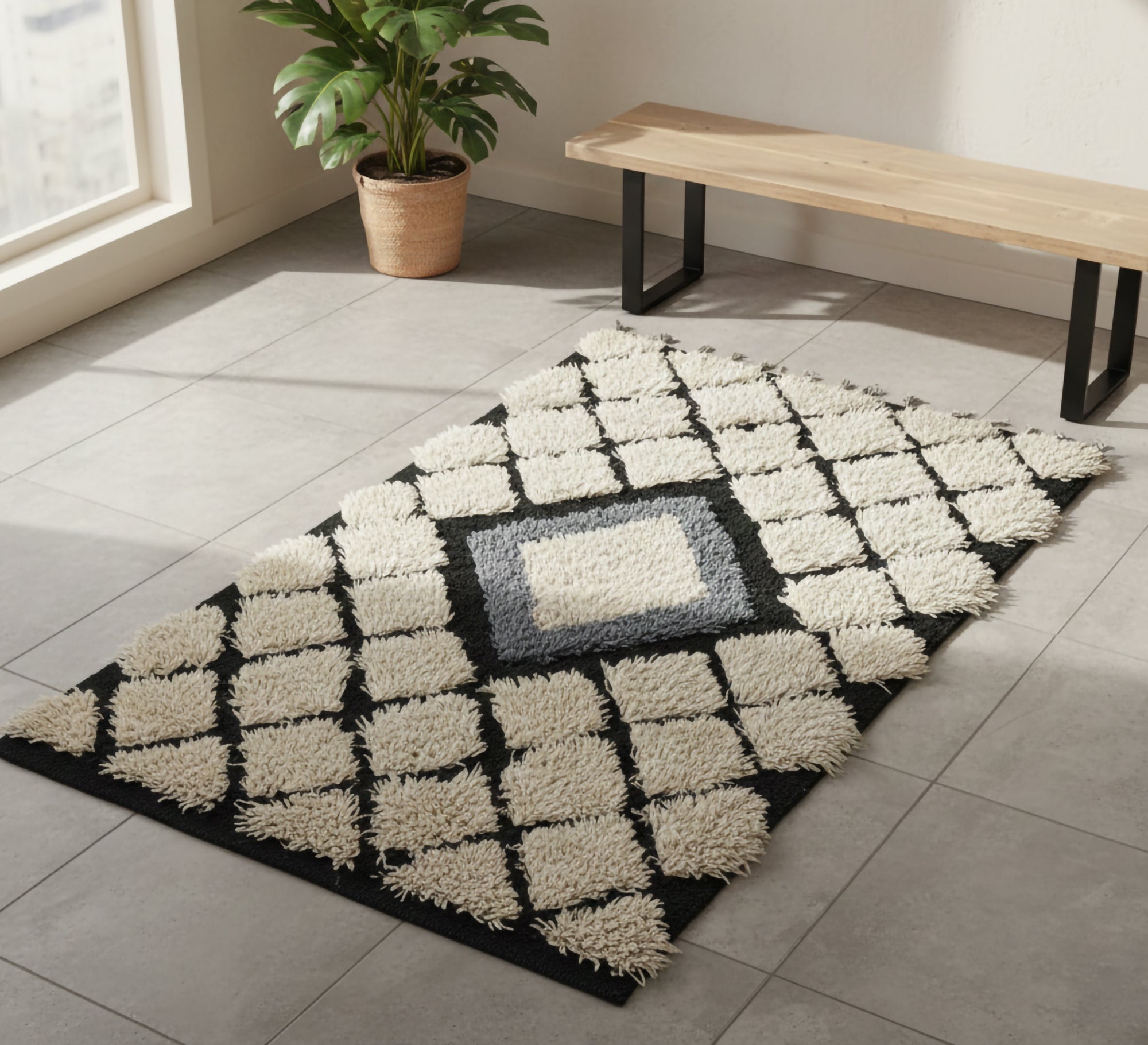 White furry diamond pattern rug center - Vitrine Furniture - Accessories
