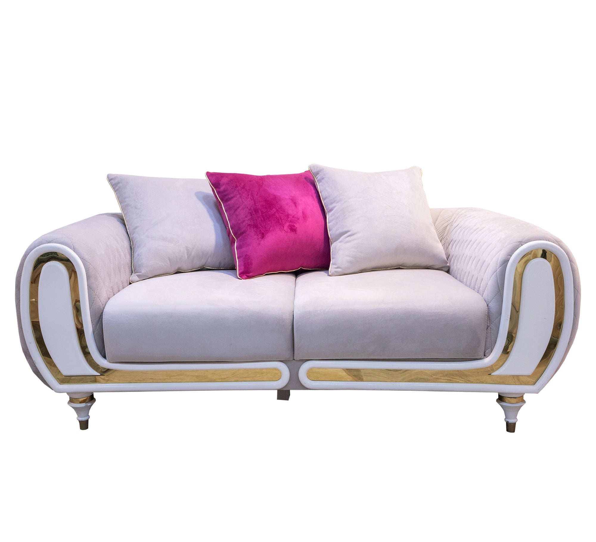 White & Gold Living Room with Fuchsia Accent Pillow - Vitrine Furniture - Living room sets