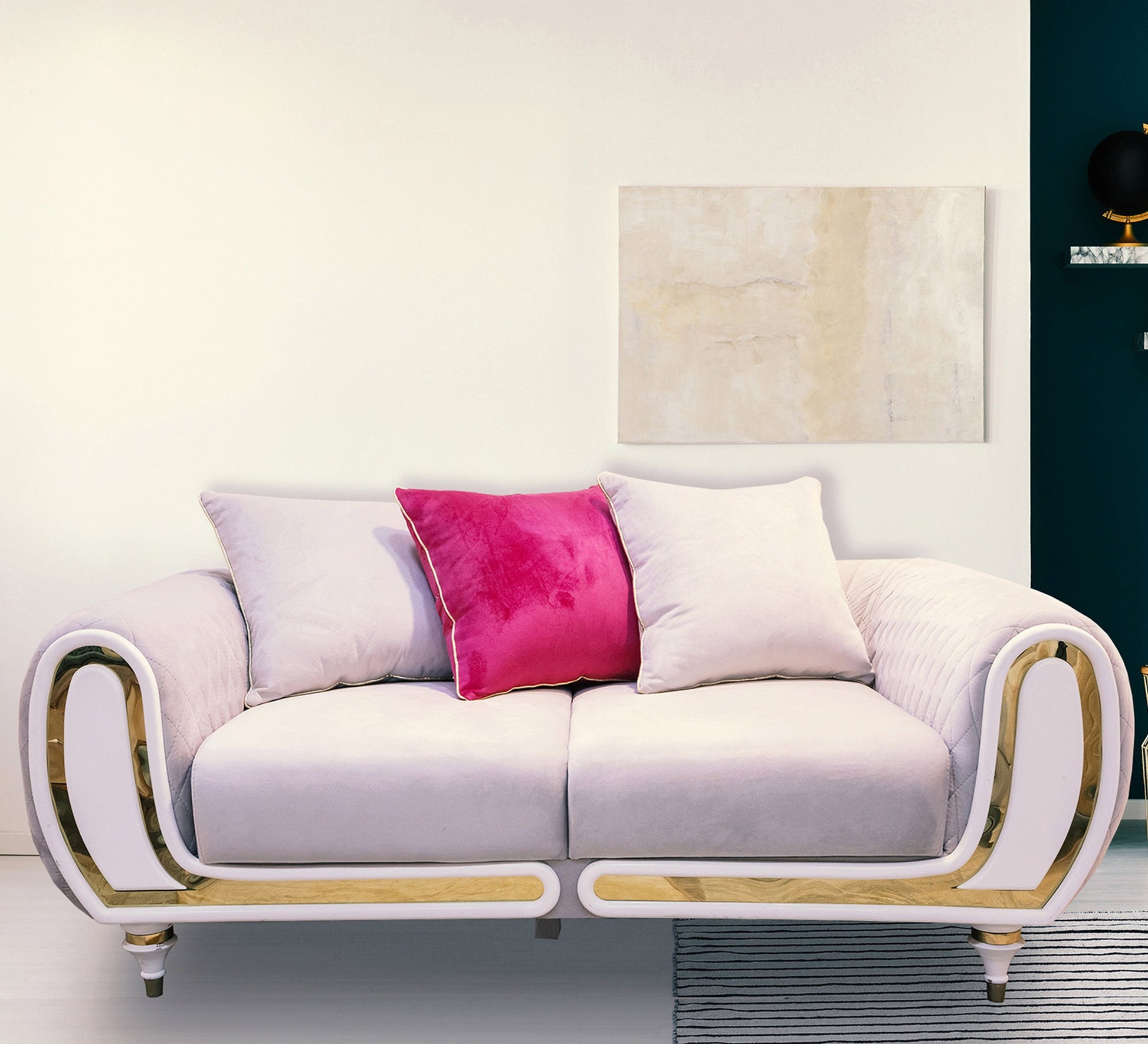 White & Gold Living Room with Fuchsia Accent Pillow - Vitrine Furniture - Living room sets